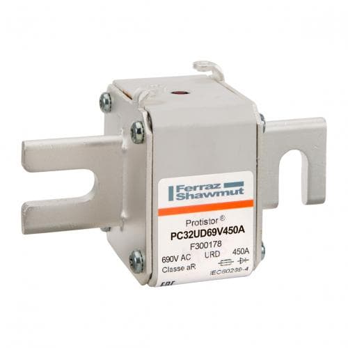 Mersen F300178 F300178 Mersen - Square Body High-Speed Fuse Protistor® Size 32 aR 690VAC IEC 700VAC UL 450A With Striker DIN 80 Blades Mersen F300178 F300178 Mersen - Square Body High-Speed Fuse Protistor® Size 32 aR 690VAC IEC 700VAC UL 450A With Striker DIN 80 Blades