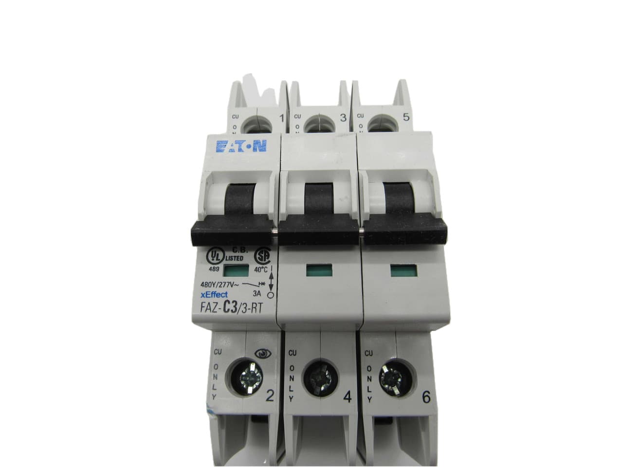 Eaton FAZ-C3/3-RT 277/480 VAC 50/60 Hz, 3 A, 3-Pole, 10/14 kA, 5 to 10 x Rated Current, Ring Tongue Terminal, DIN Rail Mount, Standard Packaging, C-Curve, Current Limiting, Thermal Magnetic Eaton FAZ-C3/3-RT 277/480 VAC 50/60 Hz, 3 A, 3-Pole, 10/14 kA, 5 to 10 x Rated Current, Ring Tongue Terminal, DIN Rail Mount, Standard Packaging, C-Curve, Current Limiting, Thermal Magnetic