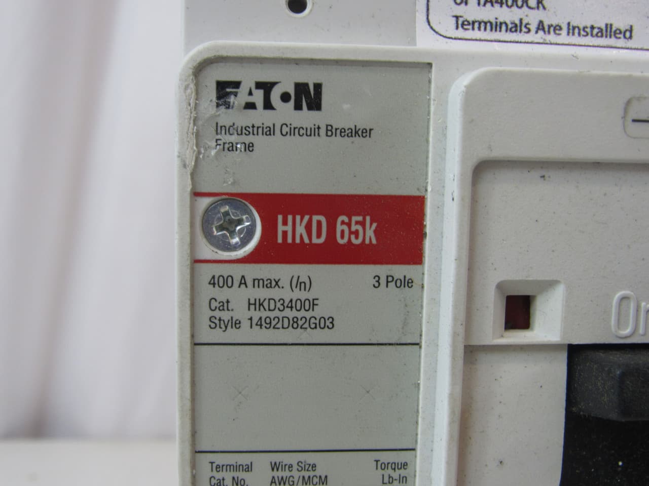 Eaton HKD3400 HKD3400 Eaton - Eaton Series C complete molded case circuit breaker, K-frame, HKD, Fixed thermal, Fixed magnetic trip, Three-pole, 400 A, 600 Vac, 250 Vdc, 100 kAIC at 240 Vac, 65 kAIC at 480 Vac, Aluminum, Line and load, 50/60 Hz Eaton HKD3400 HKD3400 Eaton - Eaton Series C complete molded case circuit breaker, K-frame, HKD, Fixed thermal, Fixed magnetic trip, Three-pole, 400 A, 600 Vac, 250 Vdc, 100 kAIC at 240 Vac, 65 kAIC at 480 Vac, Aluminum, Line and load, 50/60 Hz