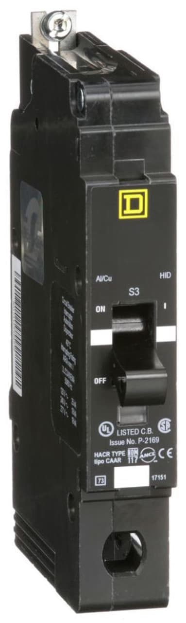 Schneider Electric EDB14030 Square D by Schneider Electric EDB14030 is a Miniature Circuit Breaker (MCB) designed for bolt-on mounting with a visual trip indicator. It features lugs type terminals and an aluminium lugs connection. This MCB operates at a rated voltage of 277 V AC, with a rated current of 30A and is suitable for a single pole configuration. It supports a wire cross-section of 14-6AWG for one copper cable. The EDB14030 offers protection functions against short-circuit and overload conditions, serving as both an Equipment Protection Device (EPD) and a Circuit Breaker (CB) with a breaking capacity code D. It has a short circuit breaking rating of 25kA at 120Vac, 18kA at 240Vac, and 18kA at 277Vac. The thermal-magnetic trip unit has a protection setting with a trip unit rating of 875A. Schneider Electric EDB14030 Square D by Schneider Electric EDB14030 is a Miniature Circuit Breaker (MCB) designed for bolt-on mounting with a visual trip indicator. It features lugs type terminals and an aluminium lugs connection. This MCB operates at a rated voltage of 277 V AC, with a rated current of 30A and is suitable for a single pole configuration. It supports a wire cross-section of 14-6AWG for one copper cable. The EDB14030 offers protection functions against short-circuit and overload conditions, serving as both an Equipment Protection Device (EPD) and a Circuit Breaker (CB) with a breaking capacity code D. It has a short circuit breaking rating of 25kA at 120Vac, 18kA at 240Vac, and 18kA at 277Vac. The thermal-magnetic trip unit has a protection setting with a trip unit rating of 875A.