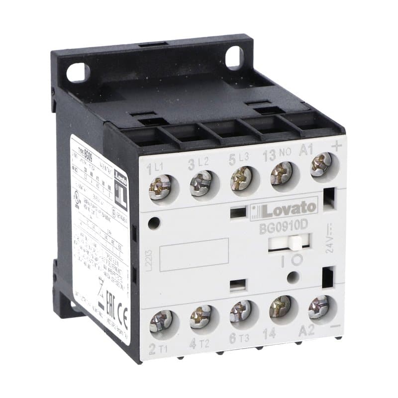 Lovato Electric 11BG0910D024V120 11BG0910D024V120 Lovato - Three-pole contactor, IEC operating current Ie (AC3) = 9A, DC coil, 24VDC, 1NO auxiliary contact, complete with built-in TVS (diode) suppressor Lovato Electric 11BG0910D024V120 11BG0910D024V120 Lovato - Three-pole contactor, IEC operating current Ie (AC3) = 9A, DC coil, 24VDC, 1NO auxiliary contact, complete with built-in TVS (diode) suppressor