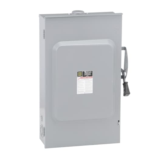 Schneider Electric D224NRB Schneider Electric D224NRB is a switch-disconnector with a fused design, specifically categorized under the general duty single throw safety switches. It features a toggle operating mode and is equipped with lugs type terminals. This part falls within the safety switches (General Duty) sub-range and is designed to handle a rated current of 200 A across 2 poles. The D224NRB has dimensions of 438 mm in width, 483 mm in depth, and 737 mm in height. It is capable of operating at a phase-to-phase rated voltage of 240 V and offers a short circuit breaking rating of up to 100kA, which varies depending on the use of H, K, or R type fuses. Schneider Electric D224NRB Schneider Electric D224NRB is a switch-disconnector with a fused design, specifically categorized under the general duty single throw safety switches. It features a toggle operating mode and is equipped with lugs type terminals. This part falls within the safety switches (General Duty) sub-range and is designed to handle a rated current of 200 A across 2 poles. The D224NRB has dimensions of 438 mm in width, 483 mm in depth, and 737 mm in height. It is capable of operating at a phase-to-phase rated voltage of 240 V and offers a short circuit breaking rating of up to 100kA, which varies depending on the use of H, K, or R type fuses.