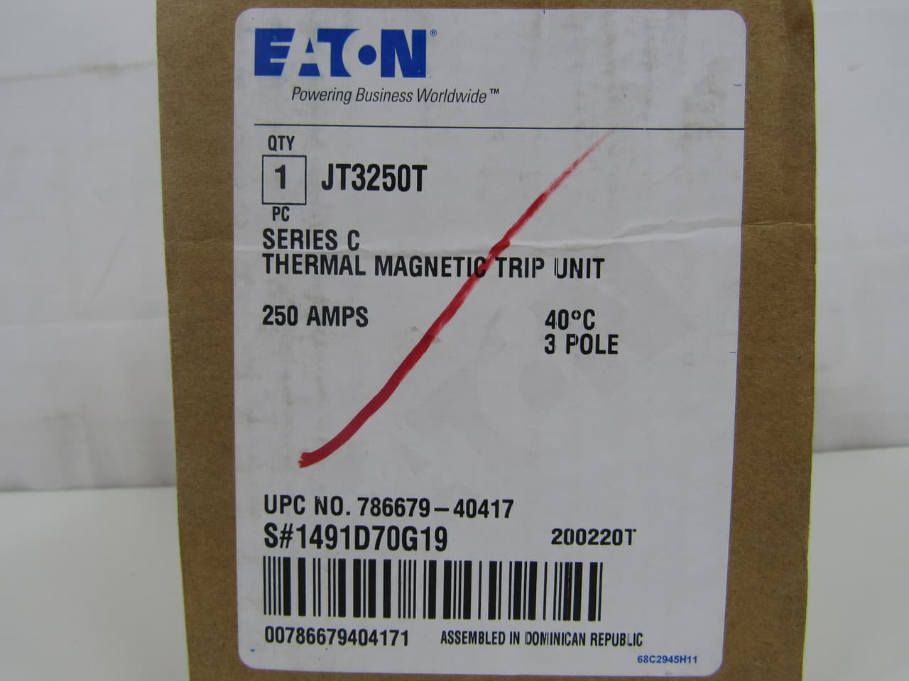Eaton JT3250T JT3250T Eaton - Eaton molded case circuit breaker accessory trip unit, Trip unit, Trip unit thermal-magnetic, 250 A, Three-pole, Fixed thermal, adjustable magnetic, JT, Frame J-K, Series C Eaton JT3250T JT3250T Eaton - Eaton molded case circuit breaker accessory trip unit, Trip unit, Trip unit thermal-magnetic, 250 A, Three-pole, Fixed thermal, adjustable magnetic, JT, Frame J-K, Series C