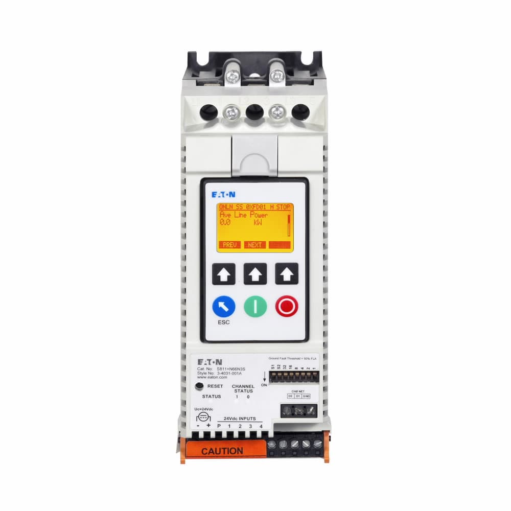 Eaton S811+N66N3S S811+N66N3S Eaton - Eaton S811+ soft starter, 66 A, N-frame, Three-pole, 24 V power, # 22-14 AWG wire, 120 Vdc, 240 Vac, Modbus RTU, NEMA 0, LCD display, -30°C to -50°C, 200-600 V operating voltage, 47-63 Hz, 1-2 conductors Eaton S811+N66N3S S811+N66N3S Eaton - Eaton S811+ soft starter, 66 A, N-frame, Three-pole, 24 V power, # 22-14 AWG wire, 120 Vdc, 240 Vac, Modbus RTU, NEMA 0, LCD display, -30°C to -50°C, 200-600 V operating voltage, 47-63 Hz, 1-2 conductors