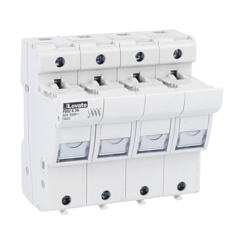 Lovato Electric FB02A3N FB02A3N Lovato - Fuse holder UL recognized and CSA certified, for 14X51mm fuses. 50A rated current at 690VAC, 3P+N. Without status indicator. 4 modules Lovato Electric FB02A3N FB02A3N Lovato - Fuse holder UL recognized and CSA certified, for 14X51mm fuses. 50A rated current at 690VAC, 3P+N. Without status indicator. 4 modules