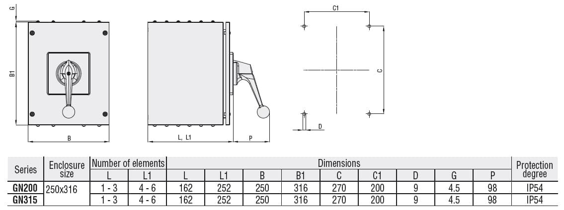 Lovato Electric GN31556L GN31556L Lovato - Enclosed rotary cam switch GN series, changeover switch without 0, 3 poles 315A in metal enclosure 250X316mm with black handle Lovato Electric GN31556L GN31556L Lovato - Enclosed rotary cam switch GN series, changeover switch without 0, 3 poles 315A in metal enclosure 250X316mm with black handle