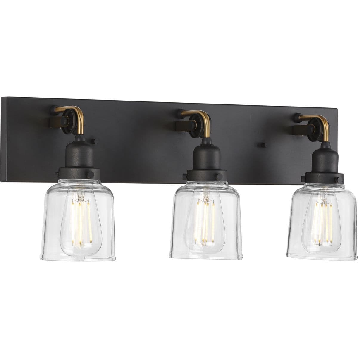 Hubbell P300228-143 Give a nod to days of old with the Rushton three-light bath. A timeless trilogy of exposed bulbs enveloped in clear glass shades dangle from antique-style sockets. Antique Brass tube arms wind around mechanical pulley wheels as they anchor the bulbs to th Hubbell P300228-143 Give a nod to days of old with the Rushton three-light bath. A timeless trilogy of exposed bulbs enveloped in clear glass shades dangle from antique-style sockets. Antique Brass tube arms wind around mechanical pulley wheels as they anchor the bulbs to th
