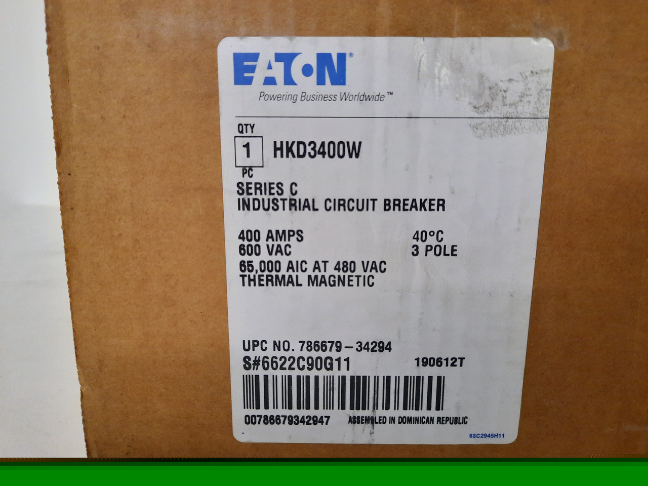 Eaton HKD3400W HKD3400W Eaton - Eaton Series C complete molded case circuit breaker, K-frame, HKD, Complete breaker, Fixed thermal, fixed magnetic trip, Three-pole, 400A, 600 Vac, 250 Vdc, 100 kAIC at 240 Vac, 65 kAIC at 480 Vac, Without terminals, 50/60 Hz Eaton HKD3400W HKD3400W Eaton - Eaton Series C complete molded case circuit breaker, K-frame, HKD, Complete breaker, Fixed thermal, fixed magnetic trip, Three-pole, 400A, 600 Vac, 250 Vdc, 100 kAIC at 240 Vac, 65 kAIC at 480 Vac, Without terminals, 50/60 Hz