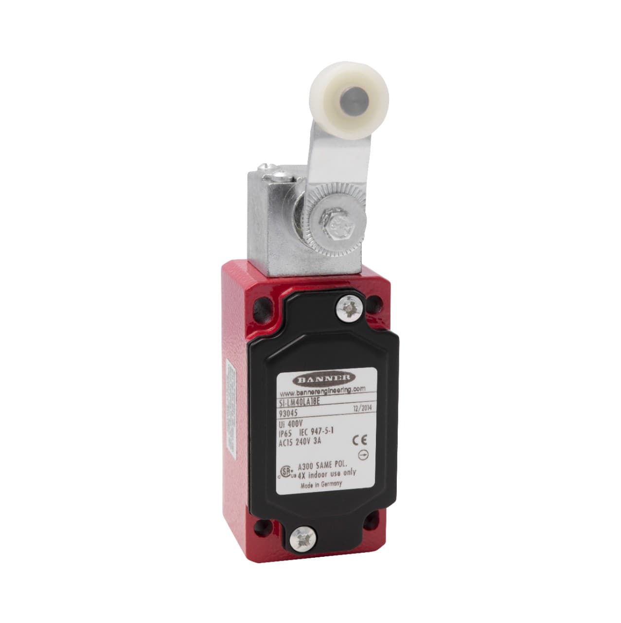 Banner SI-LM40LA18E Banner Engineering SI-LM40LA18E is a safety limit switch within the SI-LM40xxx series, featuring a spindle-mount 18mm roller design. This part is constructed with a die-cast Aluminium alloy housing and utilizes a wiring chamber with M20 entry for connections. It is equipped with 2NC (slow-action / make-and-break) contacts, supporting rated currents of 3A at 240Vac (A300), 6A at 120Vac (A300), 1A (Ith), 3A at 240Vac (AC-15), and 6A at 120Vac (AC-15). The SI-LM40LA18E operates within an ambient air temperature range of -30 to +80°C and offers a degree of protection rated at IP65. Its rectangular shape measures 40 mm in width, 78 mm in height, and 42 mm in depth, with 2 NC Pole(s) and 0 NO Pole(s). Banner SI-LM40LA18E Banner Engineering SI-LM40LA18E is a safety limit switch within the SI-LM40xxx series, featuring a spindle-mount 18mm roller design. This part is constructed with a die-cast Aluminium alloy housing and utilizes a wiring chamber with M20 entry for connections. It is equipped with 2NC (slow-action / make-and-break) contacts, supporting rated currents of 3A at 240Vac (A300), 6A at 120Vac (A300), 1A (Ith), 3A at 240Vac (AC-15), and 6A at 120Vac (AC-15). The SI-LM40LA18E operates within an ambient air temperature range of -30 to +80°C and offers a degree of protection rated at IP65. Its rectangular shape measures 40 mm in width, 78 mm in height, and 42 mm in depth, with 2 NC Pole(s) and 0 NO Pole(s).