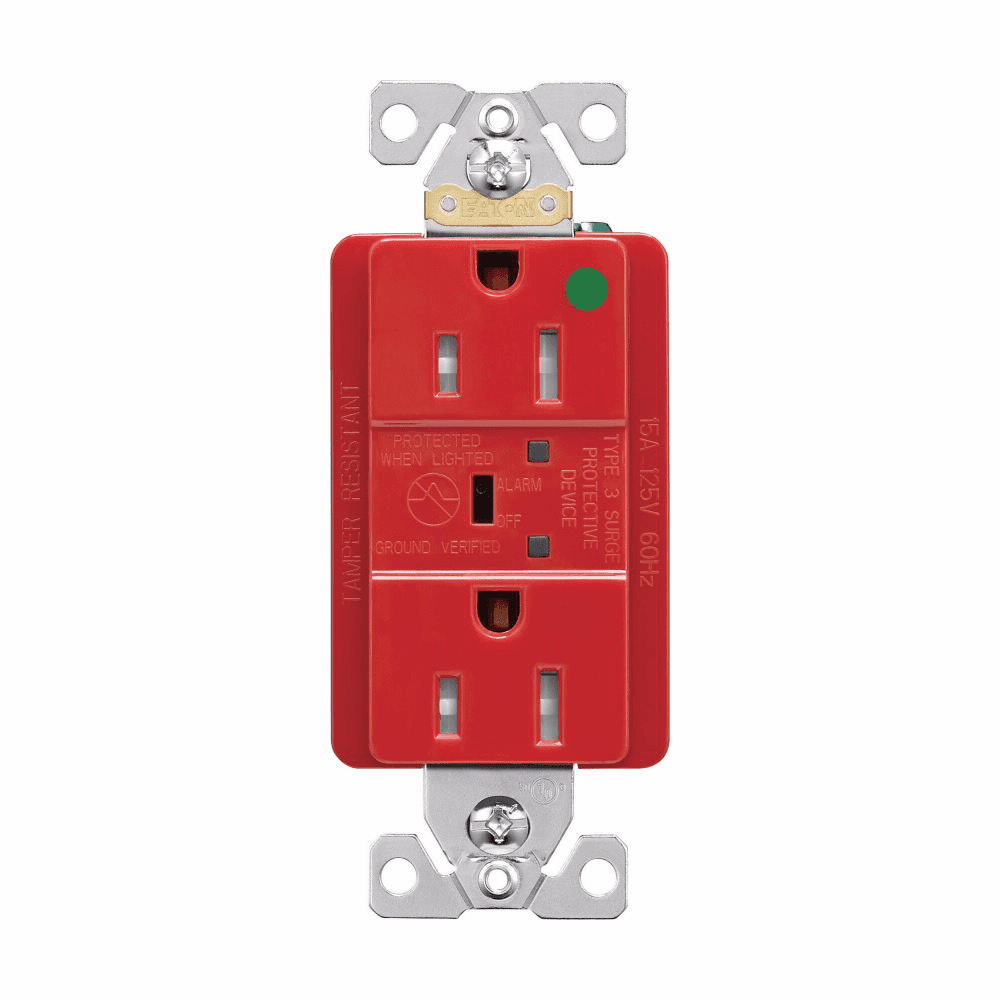 Eaton TR8262RDS TR8262RDS Eaton - Eaton TVSS receptacle, HG, LED indicat and alarm, #14 - #10 AWG, 15A, Comm specif, Wall/flush mnt, Bk and sd wire, 840J, 2 recept, -40° to 60°C, Red, Brs, Strght blade, Hi-impct resist thermpls/nylon, 5-15R, Dplx 756467 756467 Eaton TR8262RDS TR8262RDS Eaton - Eaton TVSS receptacle, HG, LED indicat and alarm, #14 - #10 AWG, 15A, Comm specif, Wall/flush mnt, Bk and sd wire, 840J, 2 recept, -40° to 60°C, Red, Brs, Strght blade, Hi-impct resist thermpls/nylon, 5-15R, Dplx 756467 756467