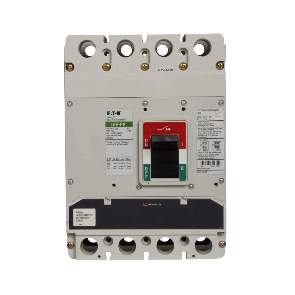Eaton CLGPV4350W Eaton PV Guard / Solar complete molded case circuit breaker, LG-frame, LG, Complete breaker, Fixed thermal, fixed magnetic trip type, Four-pole, 350A, 1000 Vdc, 5 kAIC, Without terminals, Photo voltaic, 100% rated, used with Challenger Eaton CLGPV4350W Eaton PV Guard / Solar complete molded case circuit breaker, LG-frame, LG, Complete breaker, Fixed thermal, fixed magnetic trip type, Four-pole, 350A, 1000 Vdc, 5 kAIC, Without terminals, Photo voltaic, 100% rated, used with Challenger