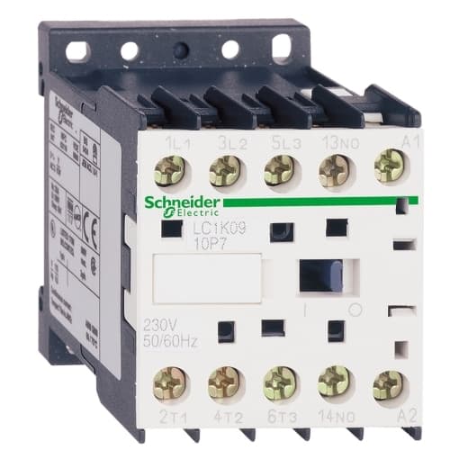 Schneider Electric LC1K0601F7 Schneider Electric LC1K0601F7 is a magnetic contactor within the K sub-range, featuring screw connections and designed with 3 poles (3P; 3NO). It has a rated current of 20A under AC-1 conditions and 6A at 440Vac under AC-3 conditions. The contactor's net width is 45 mm and it offers a degree of protection rated at IP20. The control voltage (AC) ranges from 88-126Vac (110Vac nominal; 50Hz/60Hz; 0.8...1.15 x Uc), with a rated operating voltage (Ue) of 690 V. It includes 0 normally open (NO) auxiliary contacts and 1 normally closed (NC) auxiliary contact. The rated impulse voltage (Uimp) is 8 kV, and the rated active power (kW) varies from 1.5kW at 220-230Vac to 3kW at 660-690Vac, all under AC-3 conditions. The mechanical durability of this contactor is rated at 10,000,000 operations at no load, and the rated voltage (AC) phase-to-phase is 690 V. Schneider Electric LC1K0601F7 Schneider Electric LC1K0601F7 is a magnetic contactor within the K sub-range, featuring screw connections and designed with 3 poles (3P; 3NO). It has a rated current of 20A under AC-1 conditions and 6A at 440Vac under AC-3 conditions. The contactor's net width is 45 mm and it offers a degree of protection rated at IP20. The control voltage (AC) ranges from 88-126Vac (110Vac nominal; 50Hz/60Hz; 0.8...1.15 x Uc), with a rated operating voltage (Ue) of 690 V. It includes 0 normally open (NO) auxiliary contacts and 1 normally closed (NC) auxiliary contact. The rated impulse voltage (Uimp) is 8 kV, and the rated active power (kW) varies from 1.5kW at 220-230Vac to 3kW at 660-690Vac, all under AC-3 conditions. The mechanical durability of this contactor is rated at 10,000,000 operations at no load, and the rated voltage (AC) phase-to-phase is 690 V.