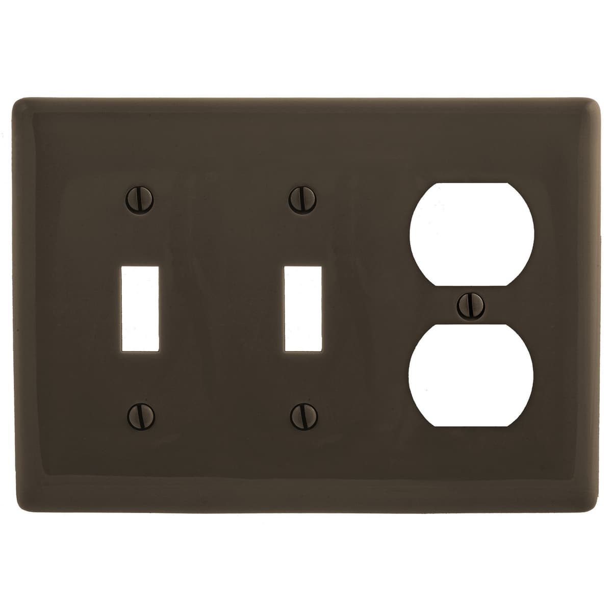 Hubbell NP28 Wallplates and Box Covers, Wallplate, Nylon, 3-Gang, 2) Toggle 1) Duplex, Brown  ; Reinforcement ribs for extra strength ; High-impact, self-extinguishing nylon material ; Captive screw feature holds mounting screw in place ; Standard Size is 1/8" larger  Hubbell NP28 Wallplates and Box Covers, Wallplate, Nylon, 3-Gang, 2) Toggle 1) Duplex, Brown  ; Reinforcement ribs for extra strength ; High-impact, self-extinguishing nylon material ; Captive screw feature holds mounting screw in place ; Standard Size is 1/8" larger