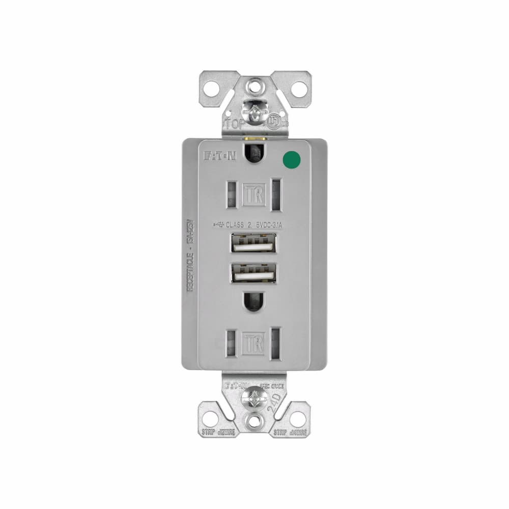Eaton TR8255GY TR8255GY Eaton - Eaton combination USB charger with duplex receptacle, Tamper resistant, 15A, Flush mount, 125 Vac, 5 Vdc, Wire leads, Gray, Brass, 5-15R, Two-pole, three-wire, grounding, Decorator, Thermoplastic Eaton TR8255GY TR8255GY Eaton - Eaton combination USB charger with duplex receptacle, Tamper resistant, 15A, Flush mount, 125 Vac, 5 Vdc, Wire leads, Gray, Brass, 5-15R, Two-pole, three-wire, grounding, Decorator, Thermoplastic