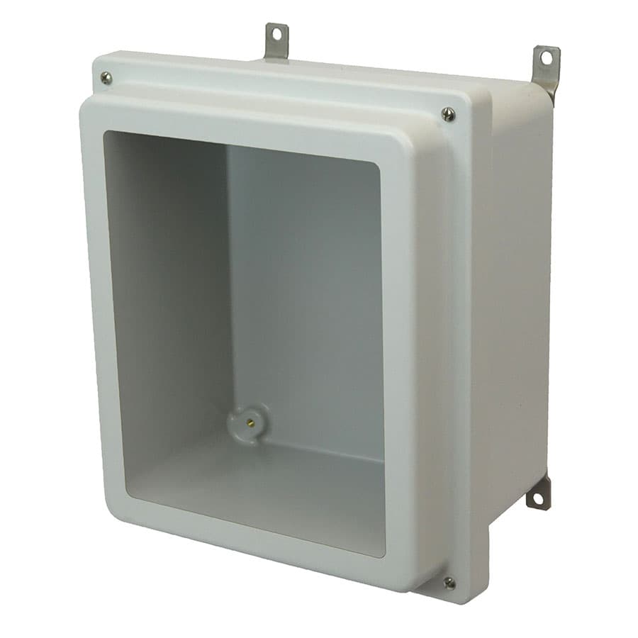 Allied Moulded Products AM1206RW 12"x10"x6" AM-R Series fiberglass wall mount enclosure assembly with a raised 4-screw lift-off window cover Allied Moulded Products AM1206RW 12"x10"x6" AM-R Series fiberglass wall mount enclosure assembly with a raised 4-screw lift-off window cover