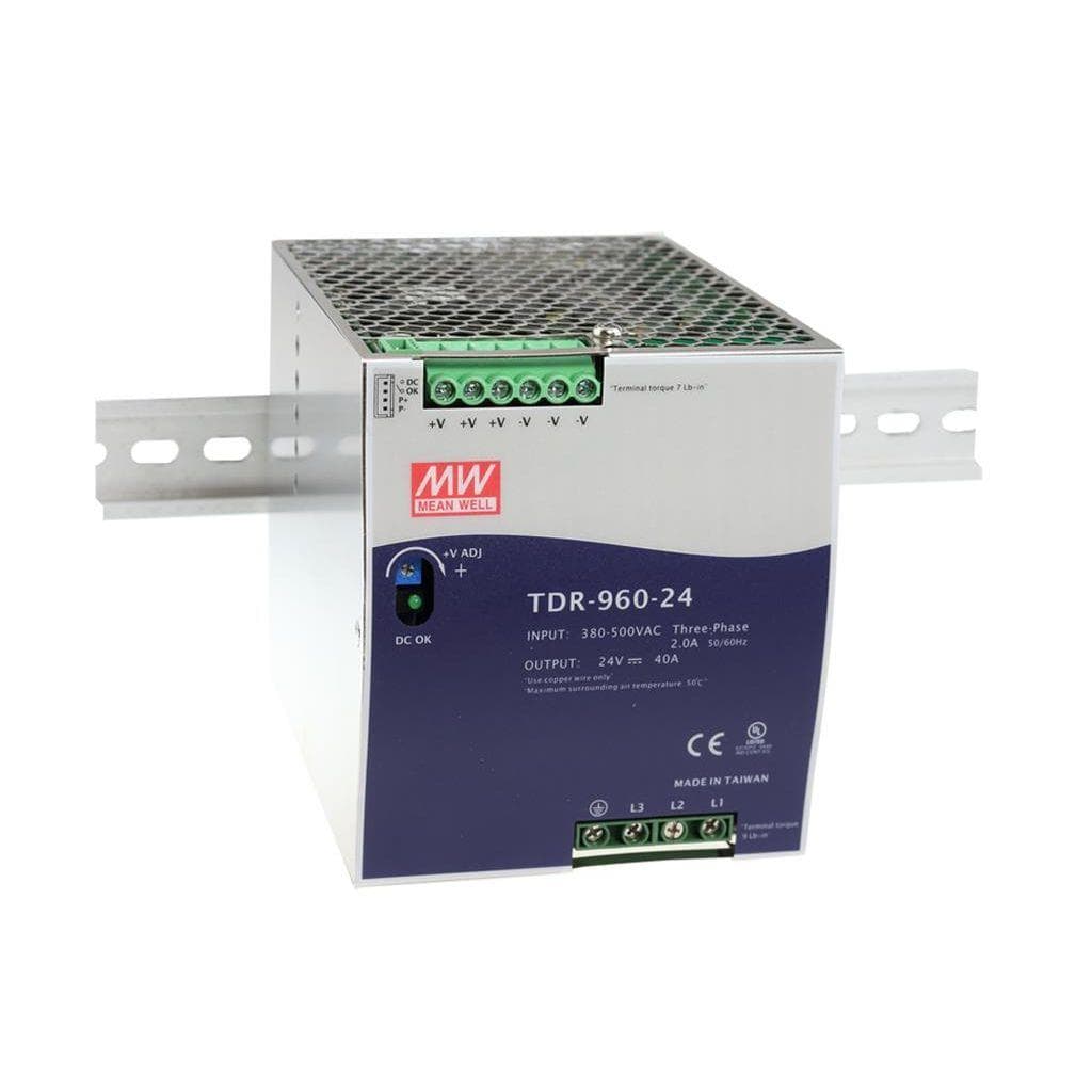MEAN WELL TDR-960-48 AC-DC Industrial 3-phase DIN rail power supply; Output 48Vdc at 20A; metal case; 2 phase operation possible; current sharing 3+1 MEAN WELL TDR-960-48 AC-DC Industrial 3-phase DIN rail power supply; Output 48Vdc at 20A; metal case; 2 phase operation possible; current sharing 3+1