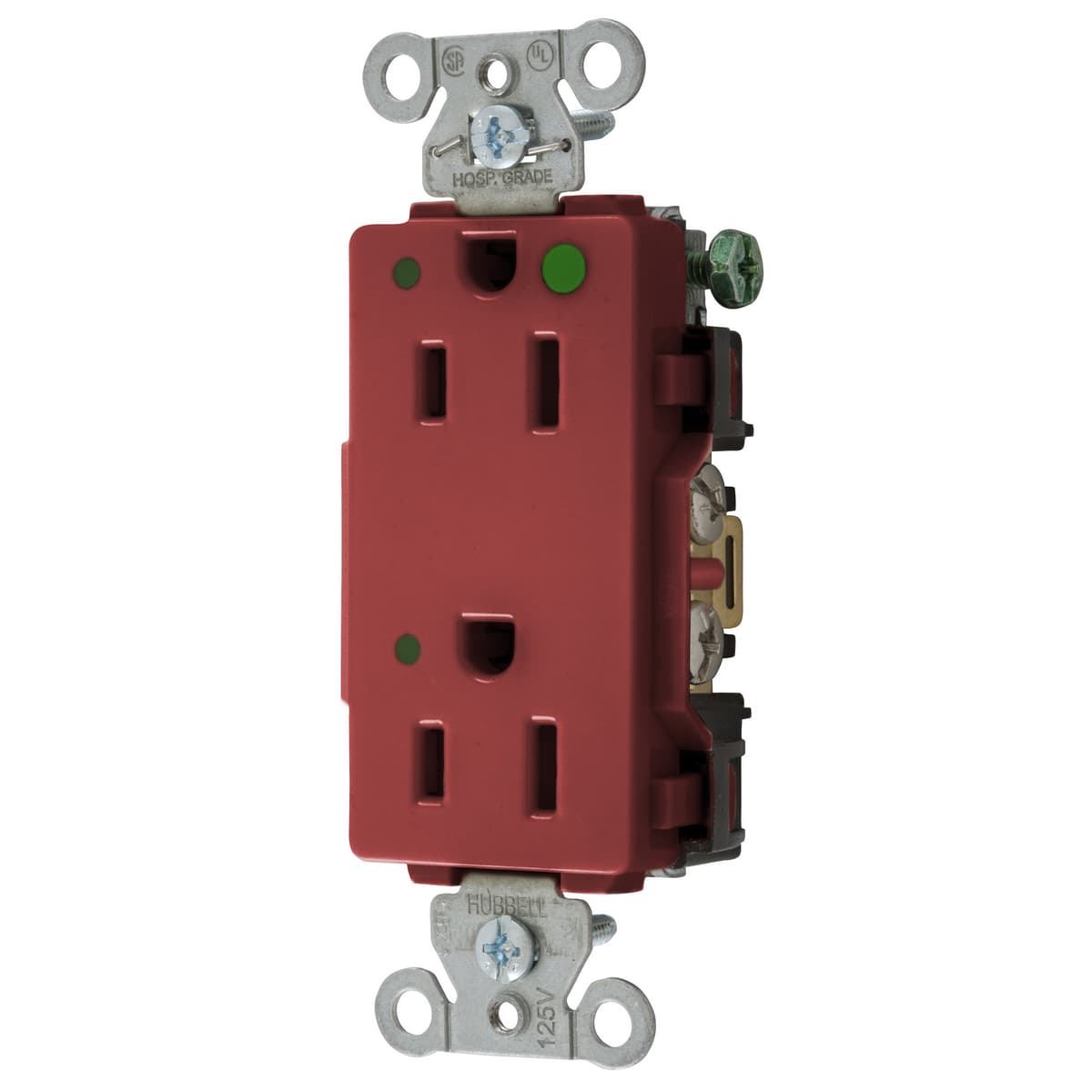 Hubbell 2172REDL Straight Blade Devices, Decorator Duplex Receptacle, Hospital Grade, Hubbell-Pro, LED Indicator, 15A 125V, 2-Pole 3-Wire Grounding, 5-15R, Red.  ; Green LED  Power Indicators to identify emergency circuits ; Triple wipe contacts ; High impact resistant de Hubbell 2172REDL Straight Blade Devices, Decorator Duplex Receptacle, Hospital Grade, Hubbell-Pro, LED Indicator, 15A 125V, 2-Pole 3-Wire Grounding, 5-15R, Red.  ; Green LED  Power Indicators to identify emergency circuits ; Triple wipe contacts ; High impact resistant de