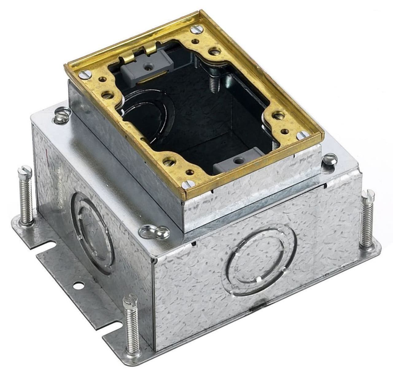 Hubbell B2431 Flush Concrete Floor Box Series, 1-Gang, Rectangular Galvanized Stamped Steel Box, Deep, Fully Adjustable, Single Service, Brass Top  ; Stamped steel construction ; Concentric knockouts permit various conduit sizes ; Economical and light weight for above- Hubbell B2431 Flush Concrete Floor Box Series, 1-Gang, Rectangular Galvanized Stamped Steel Box, Deep, Fully Adjustable, Single Service, Brass Top  ; Stamped steel construction ; Concentric knockouts permit various conduit sizes ; Economical and light weight for above-