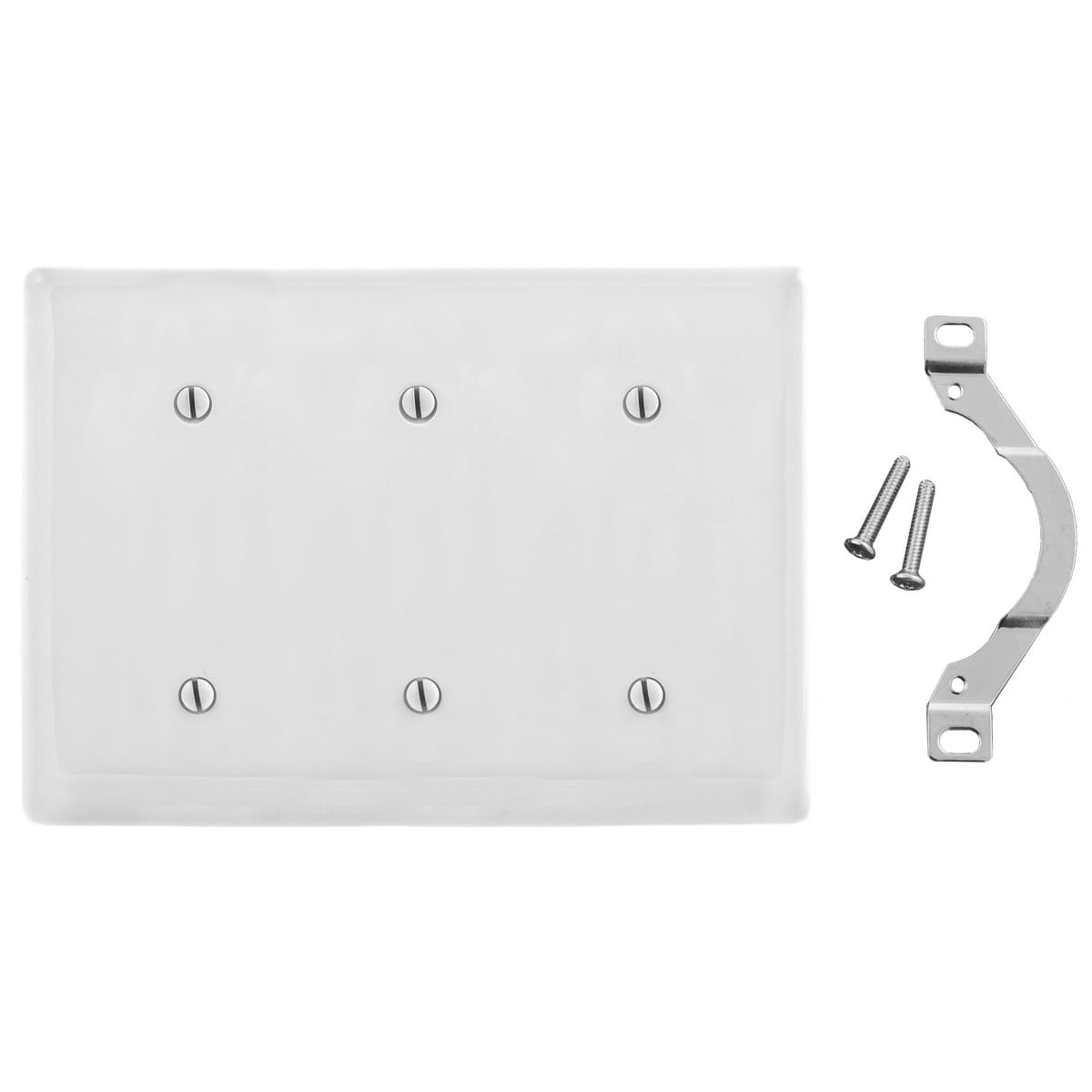Hubbell NP34W Wallplates, Nylon, 3-Gang, Strap Mounted Blank, White  ; Reinforcement ribs for extra strength ; High-impact, self-extinguishing nylon material ; Captive screw feature holds mounting screw in place ; Standard Size is 1/8" larger to give you extra coverage Hubbell NP34W Wallplates, Nylon, 3-Gang, Strap Mounted Blank, White  ; Reinforcement ribs for extra strength ; High-impact, self-extinguishing nylon material ; Captive screw feature holds mounting screw in place ; Standard Size is 1/8" larger to give you extra coverage