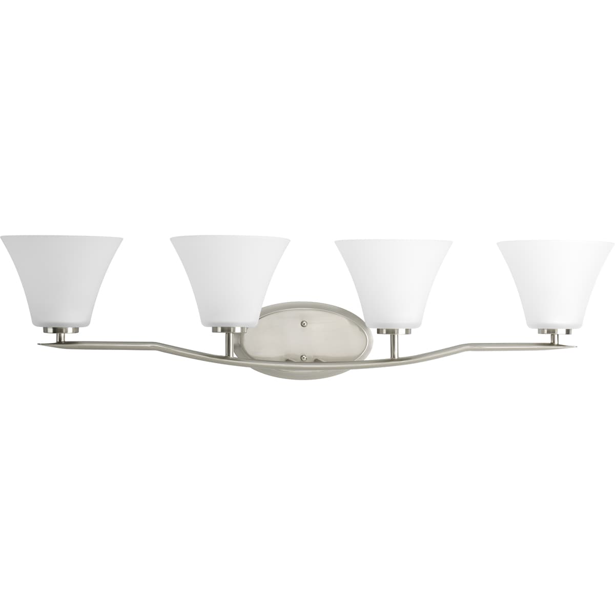 Hubbell P2007-09 Four-light bath finished in Brushed Nickel with etched glass shades scaled across a slightly arching, pointed arm. Generously balanced glass shades add distinction and provide pleasing illumination to your room. Coordinating fixtures from this collection Hubbell P2007-09 Four-light bath finished in Brushed Nickel with etched glass shades scaled across a slightly arching, pointed arm. Generously balanced glass shades add distinction and provide pleasing illumination to your room. Coordinating fixtures from this collection