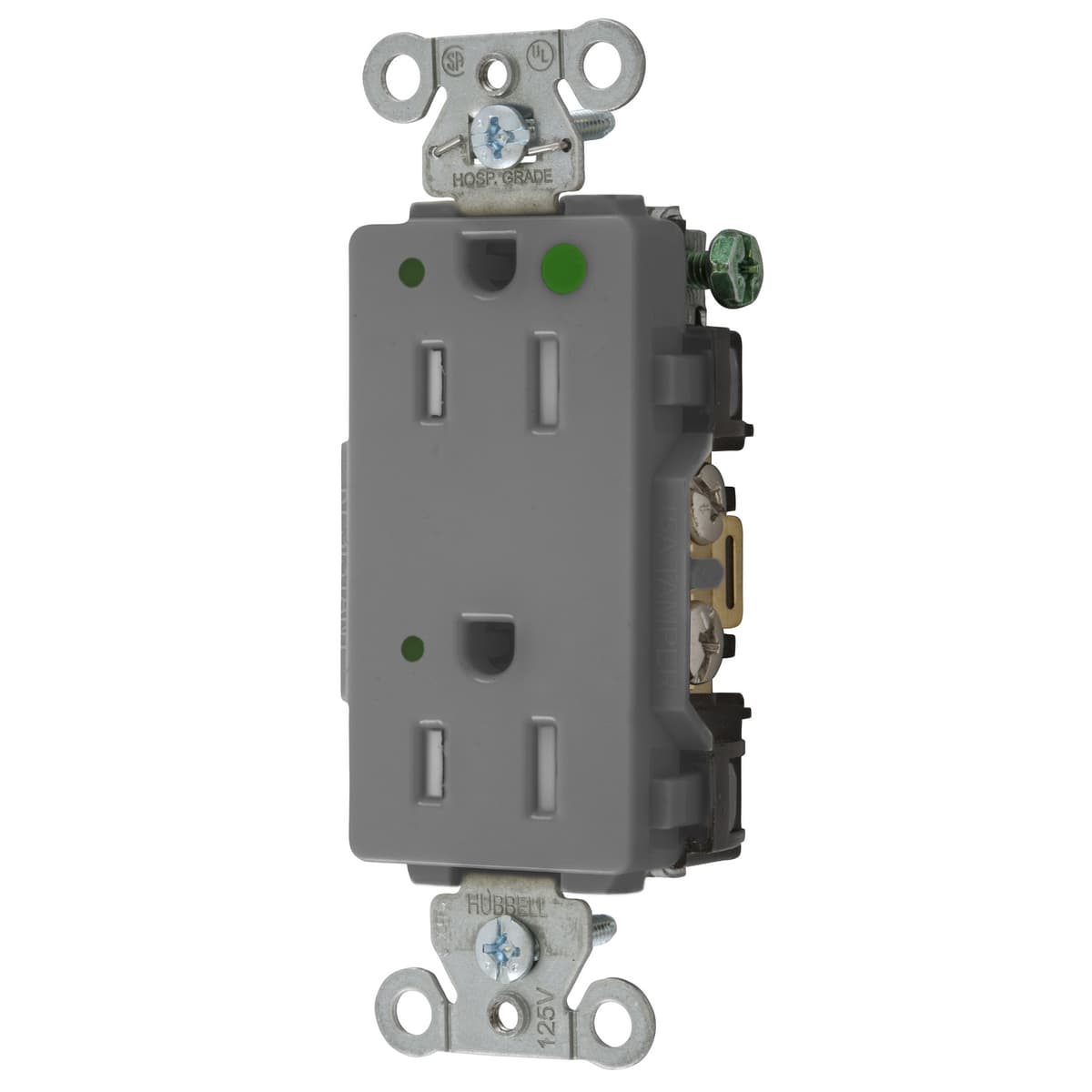 Hubbell 2172GYLTRA Straight Blade Devices, Tamper Resistant Decorator Duplex Receptacle, Hospital Grade, Hubbell-Pro, LED Indicator, 15A 125V, 2-Pole 3-Wire Grounding, 5-15R, Gray  ; Tamper Resistant, LED Indicator, USA Product Hubbell 2172GYLTRA Straight Blade Devices, Tamper Resistant Decorator Duplex Receptacle, Hospital Grade, Hubbell-Pro, LED Indicator, 15A 125V, 2-Pole 3-Wire Grounding, 5-15R, Gray  ; Tamper Resistant, LED Indicator, USA Product