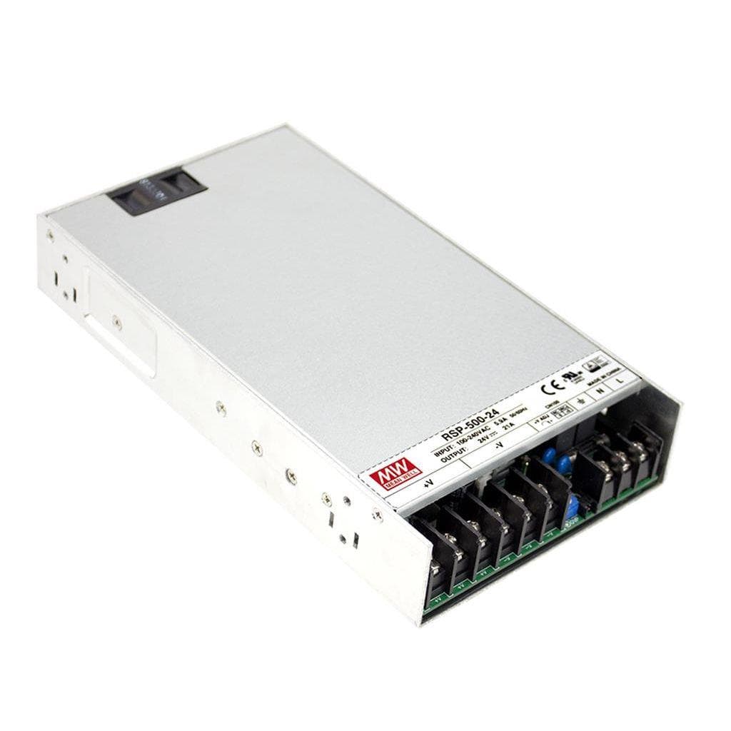 MEAN WELL RSP-500-27 AC-DC Single Output Enclosed power supply; Output 27VDC Single Output at 18.6A; PFC; forced air cooling; 1U low profile MEAN WELL RSP-500-27 AC-DC Single Output Enclosed power supply; Output 27VDC Single Output at 18.6A; PFC; forced air cooling; 1U low profile