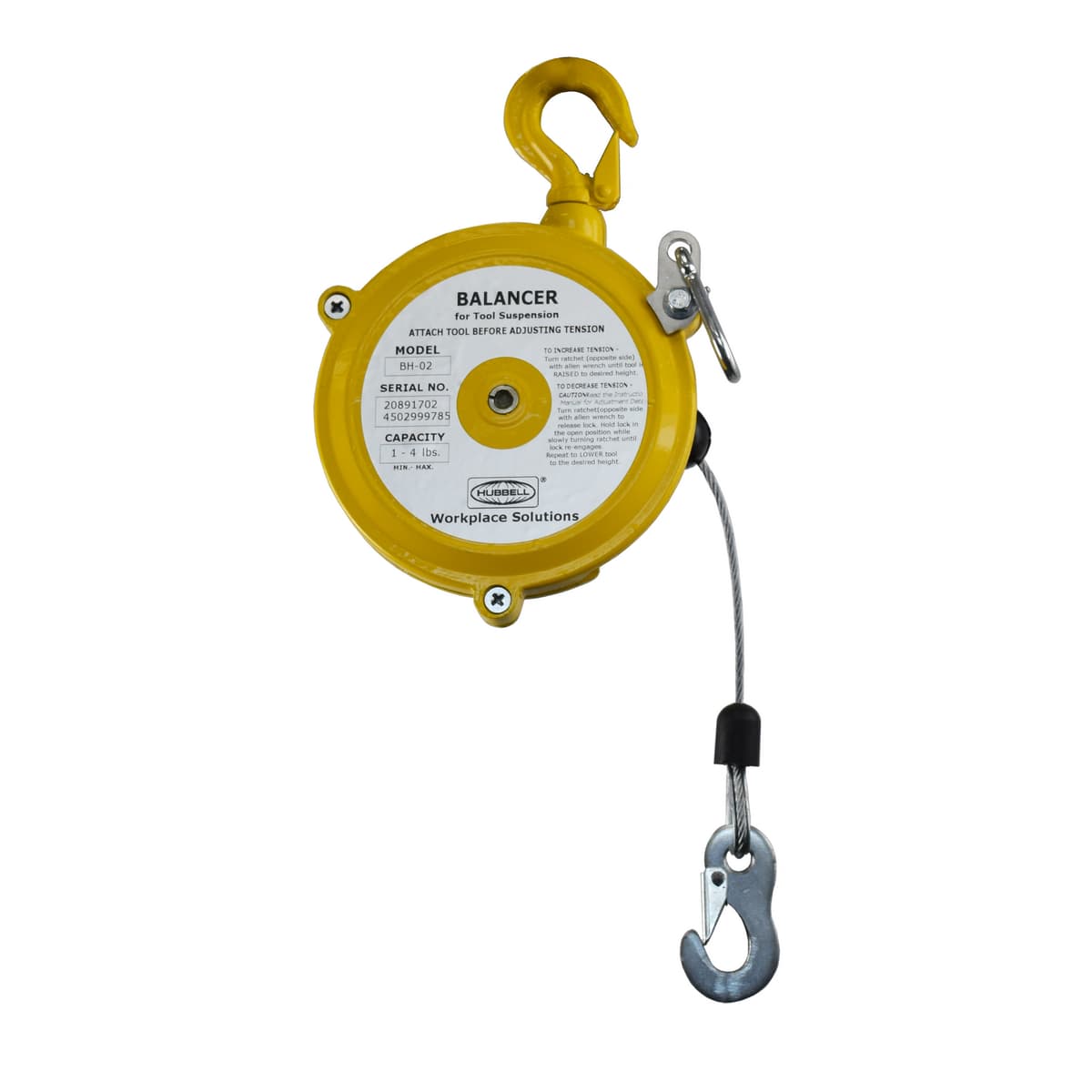 Hubbell BH-05 Extra-Heavy Duty Tool Balancer 5.5-11 lbs. ; Rugged die cast aluminum housing ; Heavy duty steel wire rope,Both top and bottom hooks have spring-loaded safety latches ; Easy adjustment with everyday tools from outside housing Hubbell BH-05 Extra-Heavy Duty Tool Balancer 5.5-11 lbs. ; Rugged die cast aluminum housing ; Heavy duty steel wire rope,Both top and bottom hooks have spring-loaded safety latches ; Easy adjustment with everyday tools from outside housing