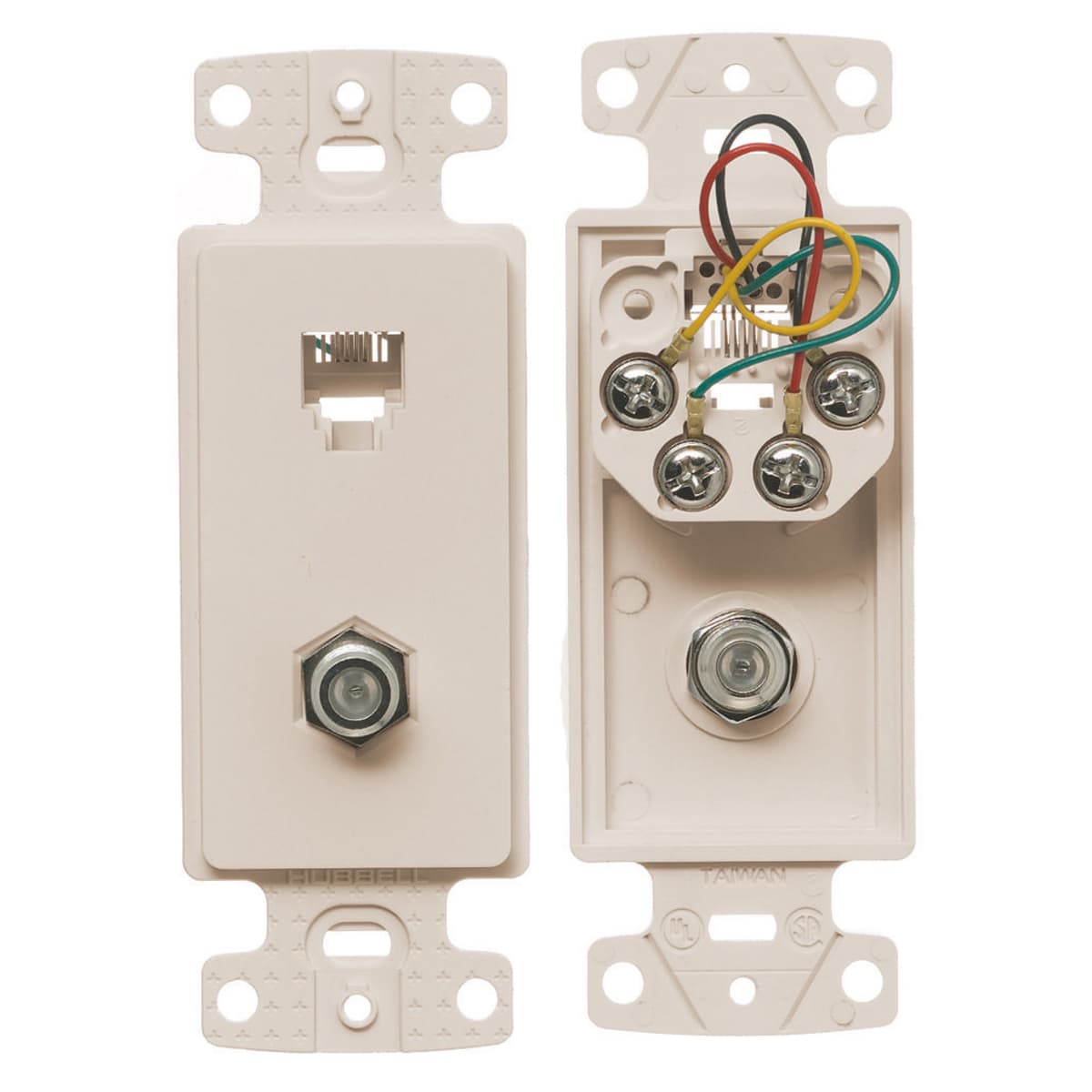 Hubbell NS783LA Plate Frame with 1) Coax F Connectorsand 1) 6-Position 6-Conductor Jack, Screw Terminal, Light Almond  ; Meets FCC part 68 ; High impact-resistant thermoplastic frame ; Standard Product Hubbell NS783LA Plate Frame with 1) Coax F Connectorsand 1) 6-Position 6-Conductor Jack, Screw Terminal, Light Almond  ; Meets FCC part 68 ; High impact-resistant thermoplastic frame ; Standard Product