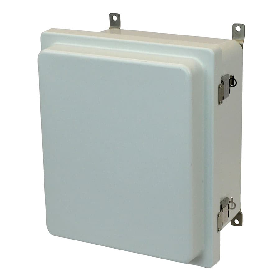 Allied Moulded Products AM1426RL 14"x12"x6" AM-R Series fiberglass wall mount enclosure assembly with raised hinged cover and stainless-steel snap latch Allied Moulded Products AM1426RL 14"x12"x6" AM-R Series fiberglass wall mount enclosure assembly with raised hinged cover and stainless-steel snap latch