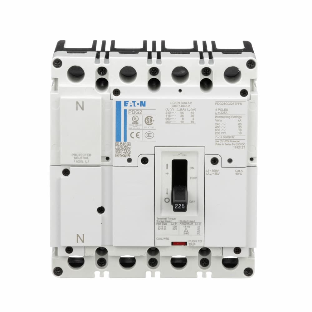Eaton PDG24K0125TFFN Eaton Power Defense molded case circuit breaker, Globally Rated, Frame 2, Four Pole (100% N), 125A, 50kA/480V, T-M (Fxd-Fxd) TU, No Terminals Eaton PDG24K0125TFFN Eaton Power Defense molded case circuit breaker, Globally Rated, Frame 2, Four Pole (100% N), 125A, 50kA/480V, T-M (Fxd-Fxd) TU, No Terminals