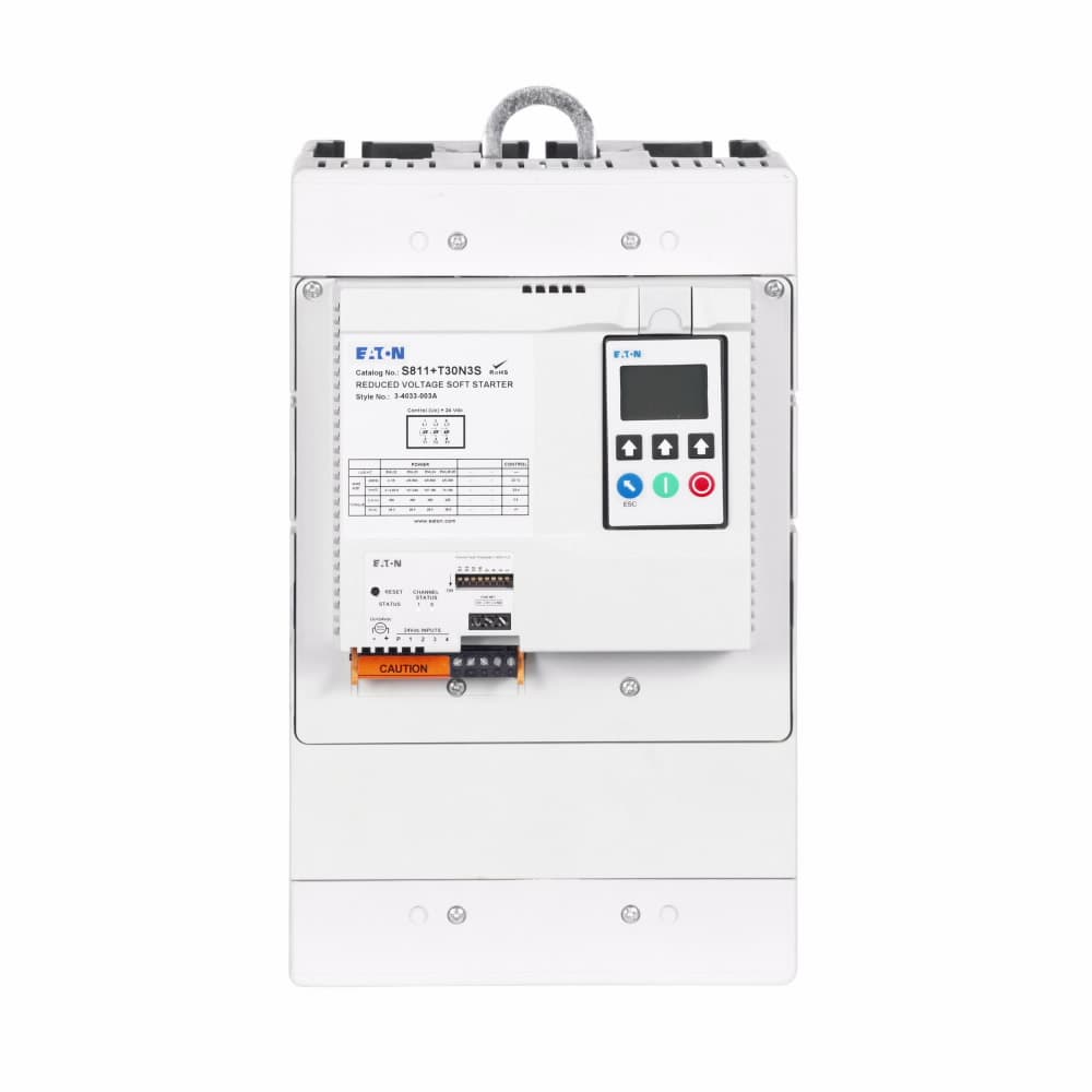 Eaton S811+T24N3S S811+T24N3S Eaton - Eaton S811+ soft starter, 240 A, T-frame, Three pole, 24 V power, 200-600 V operating voltage, 47-63 Hz, 1-2 conductors, #4 AWG to 500 kcmil wire, 120 Vdc, 240 Vac, Modbus RTU, NEMA 0, LCD display, -30°C to -50°C Eaton S811+T24N3S S811+T24N3S Eaton - Eaton S811+ soft starter, 240 A, T-frame, Three pole, 24 V power, 200-600 V operating voltage, 47-63 Hz, 1-2 conductors, #4 AWG to 500 kcmil wire, 120 Vdc, 240 Vac, Modbus RTU, NEMA 0, LCD display, -30°C to -50°C