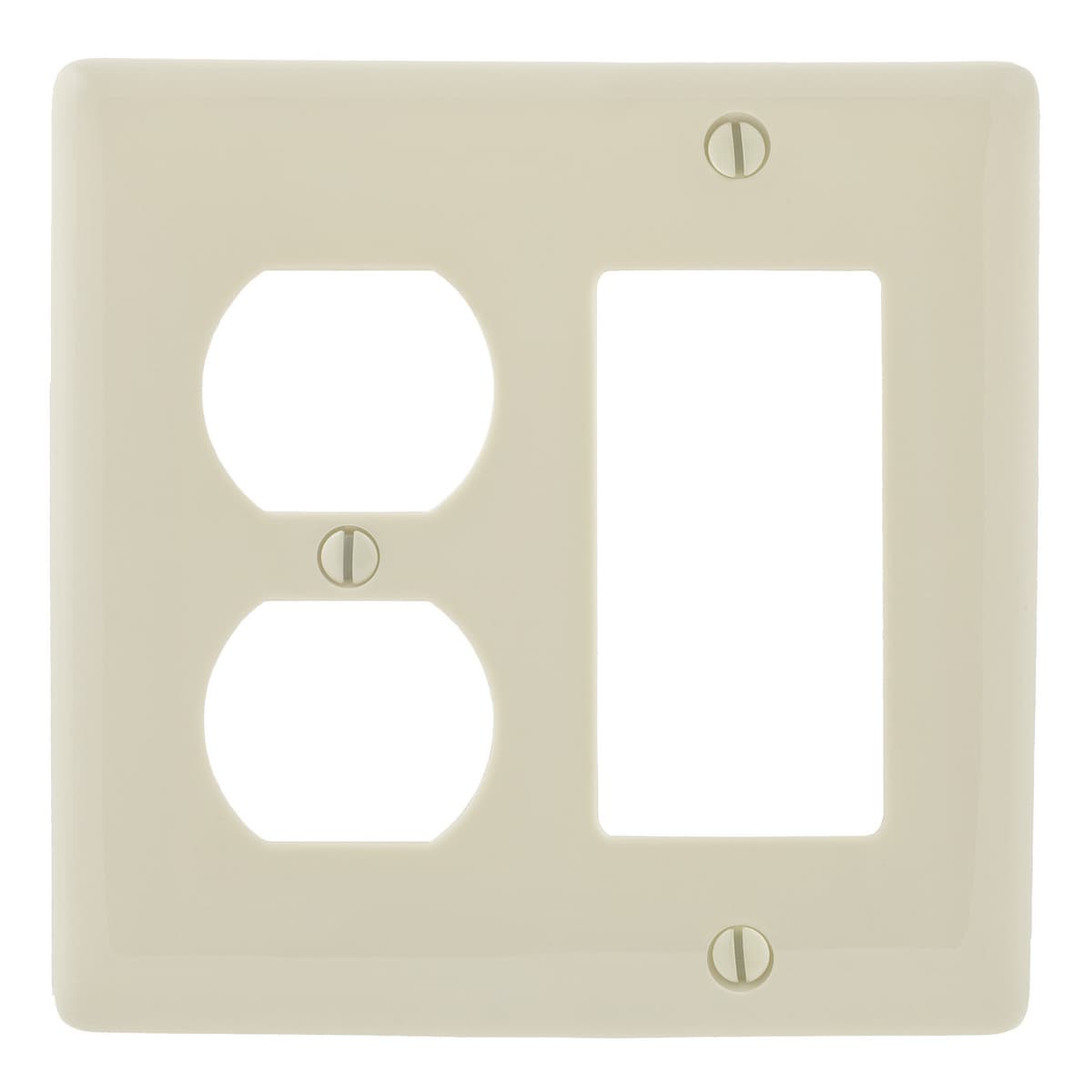 Hubbell NP826LA Wallplates and Box Covers, Wallplate, Nylon, 2-Gang, 1) Duplex 1) Decorator, Light Almond  ; Reinforcement ribs for extra strength ; High-impact, self-extinguishing nylon material ; Captive screw feature holds mounting screw in place ; Standard Size is 1/ Hubbell NP826LA Wallplates and Box Covers, Wallplate, Nylon, 2-Gang, 1) Duplex 1) Decorator, Light Almond  ; Reinforcement ribs for extra strength ; High-impact, self-extinguishing nylon material ; Captive screw feature holds mounting screw in place ; Standard Size is 1/