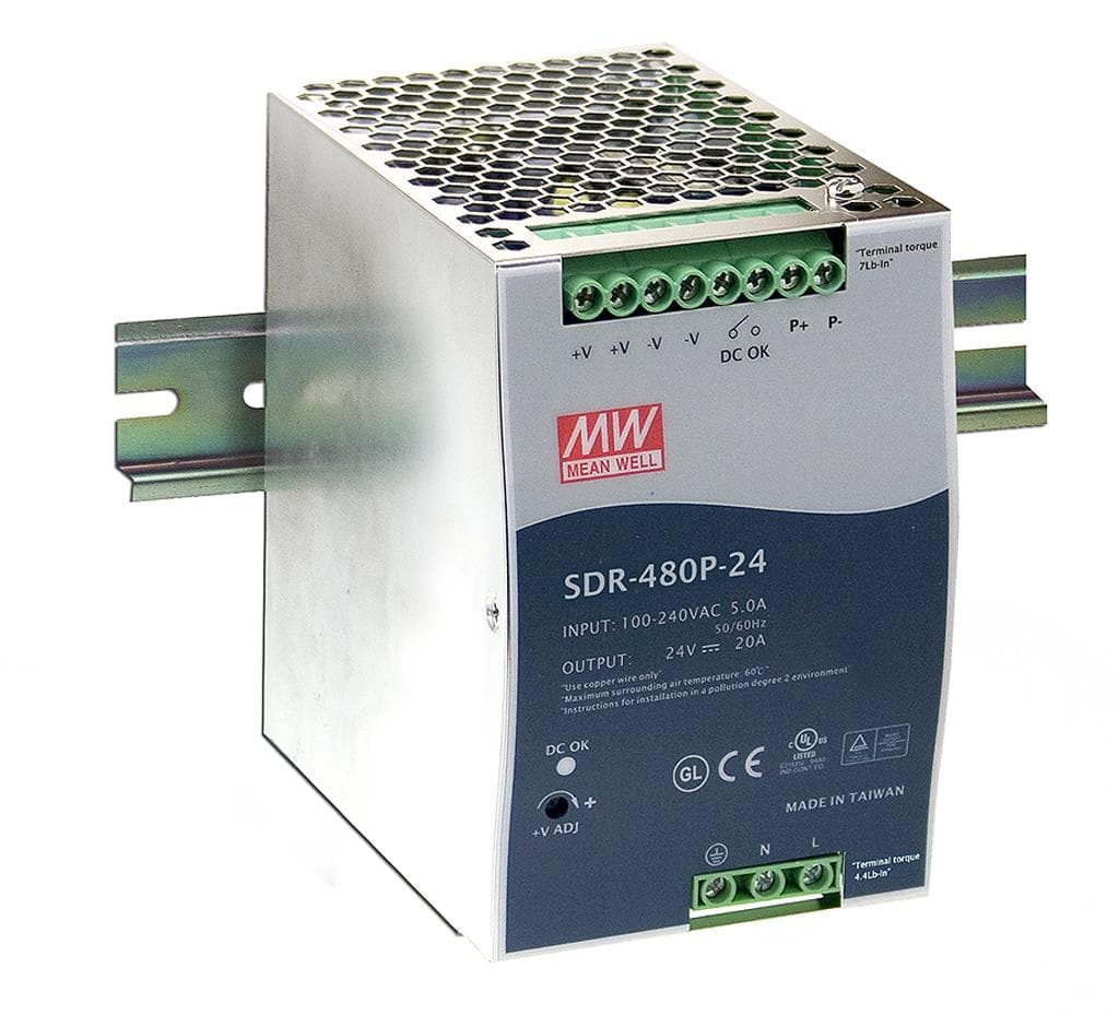 MEAN WELL SDR-480P-24 AC-DC Industrial DIN rail power supply; Output 24Vdc at 20A; Metal casing; Ultra slim width 85.5mm; Parallel function MEAN WELL SDR-480P-24 AC-DC Industrial DIN rail power supply; Output 24Vdc at 20A; Metal casing; Ultra slim width 85.5mm; Parallel function