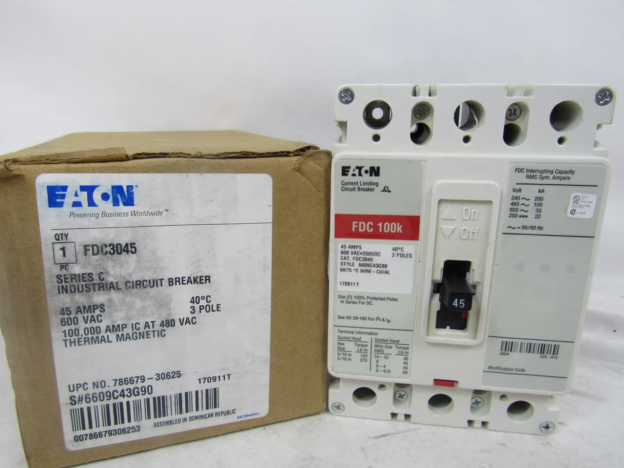 Eaton FDC3045 FDC3045 Eaton - Eaton Series C complete molded case circuit breaker, F-frame, FDC, Complete breaker, Fixed thermal, fixed magnetic trip type, Three-pole, 45A, 600 Vac, 250 Vdc, 200 kAIC at 240 Vac, 100 kAIC at 480 Vac, Load side, 50/60 Hz Eaton FDC3045 FDC3045 Eaton - Eaton Series C complete molded case circuit breaker, F-frame, FDC, Complete breaker, Fixed thermal, fixed magnetic trip type, Three-pole, 45A, 600 Vac, 250 Vdc, 200 kAIC at 240 Vac, 100 kAIC at 480 Vac, Load side, 50/60 Hz