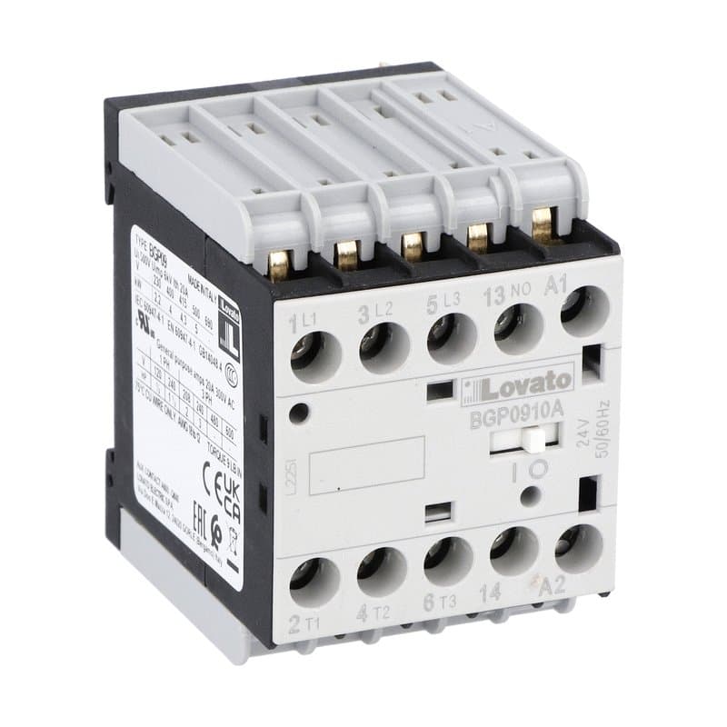 Lovato Electric 11BGP0910A400 11BGP0910A400 Lovato - Three-pole contactor, IEC operating current Ie (AC3) = 9A, AC coil 50/60Hz, 400VAC, 1NO auxiliary contact, rear PCB solder pin Lovato Electric 11BGP0910A400 11BGP0910A400 Lovato - Three-pole contactor, IEC operating current Ie (AC3) = 9A, AC coil 50/60Hz, 400VAC, 1NO auxiliary contact, rear PCB solder pin