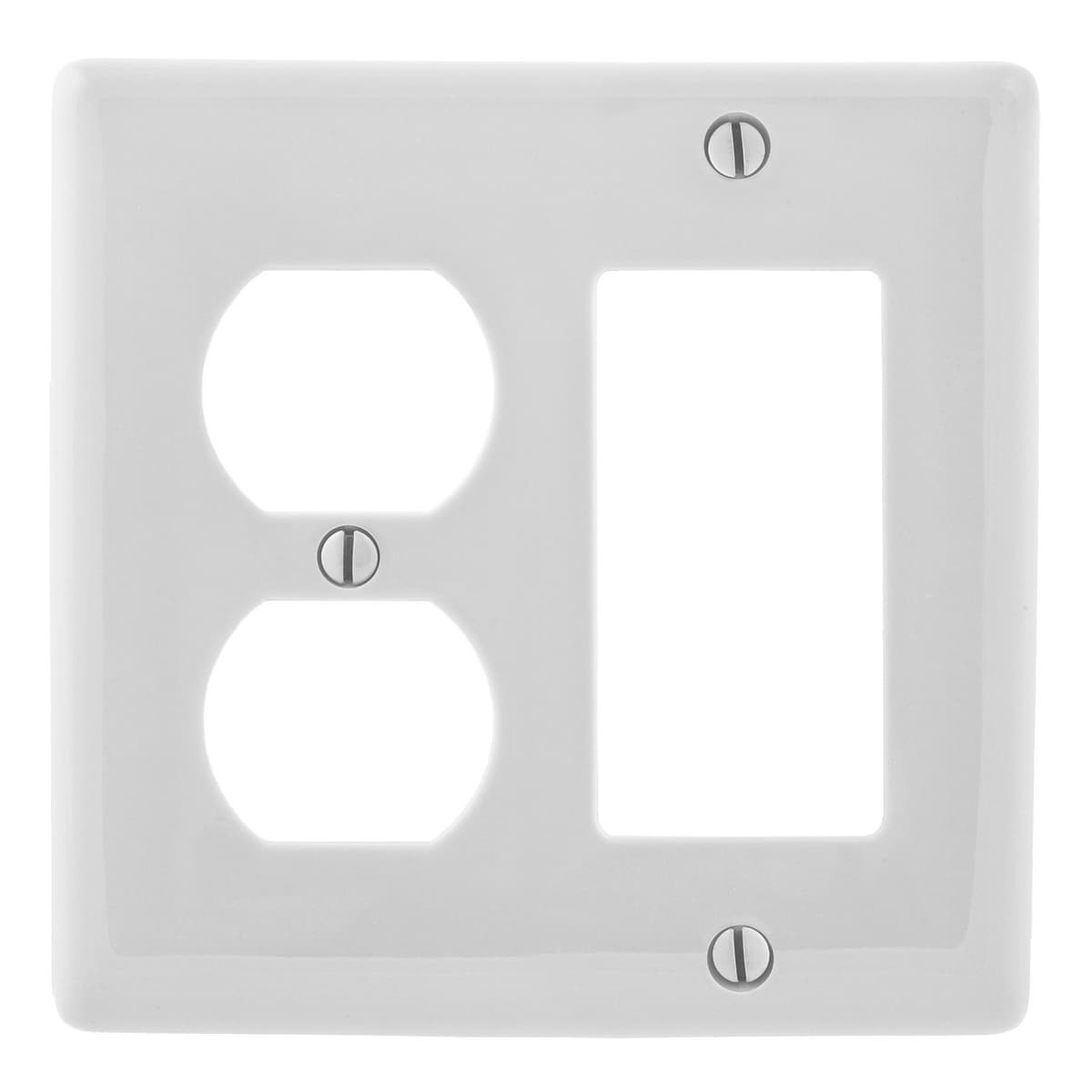 Hubbell NP826W Wallplates and Box Covers, Wallplate, Nylon, 2-Gang, 1) Duplex 1) Decorator, White  ; Reinforcement ribs for extra strength ; High-impact, self-extinguishing nylon material ; Captive screw feature holds mounting screw in place ; Standard Size is 1/8" larg Hubbell NP826W Wallplates and Box Covers, Wallplate, Nylon, 2-Gang, 1) Duplex 1) Decorator, White  ; Reinforcement ribs for extra strength ; High-impact, self-extinguishing nylon material ; Captive screw feature holds mounting screw in place ; Standard Size is 1/8" larg