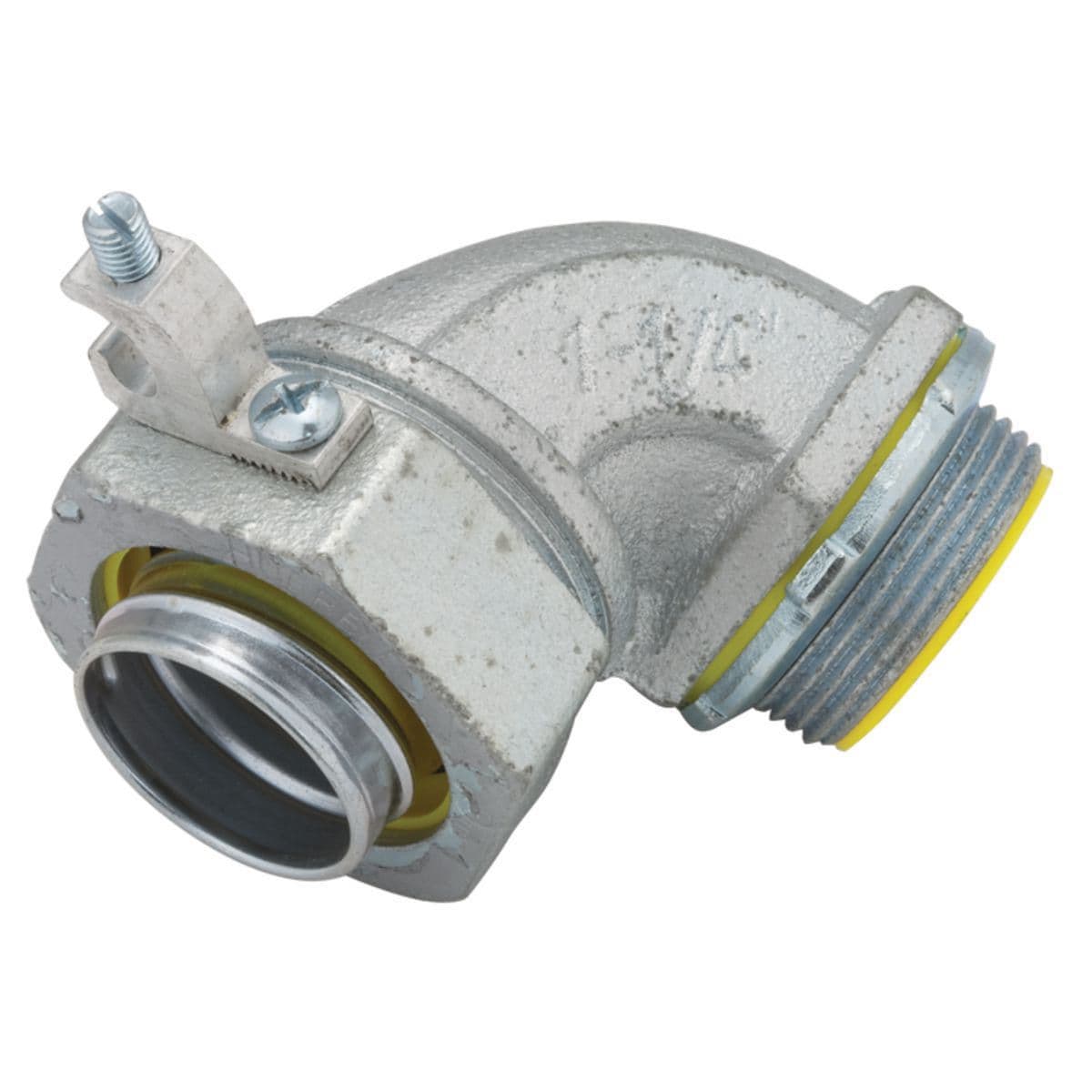 Hubbell 3545-3 1-1/4 in. 90 Degree Liquidtight Connector, Insulated with Ground Lug ; Malleable iron construction of the body and nut ; All metallic components are zinc electroplated for added corrosion protection ; Malleable iron castings mate with other components pe Hubbell 3545-3 1-1/4 in. 90 Degree Liquidtight Connector, Insulated with Ground Lug ; Malleable iron construction of the body and nut ; All metallic components are zinc electroplated for added corrosion protection ; Malleable iron castings mate with other components pe