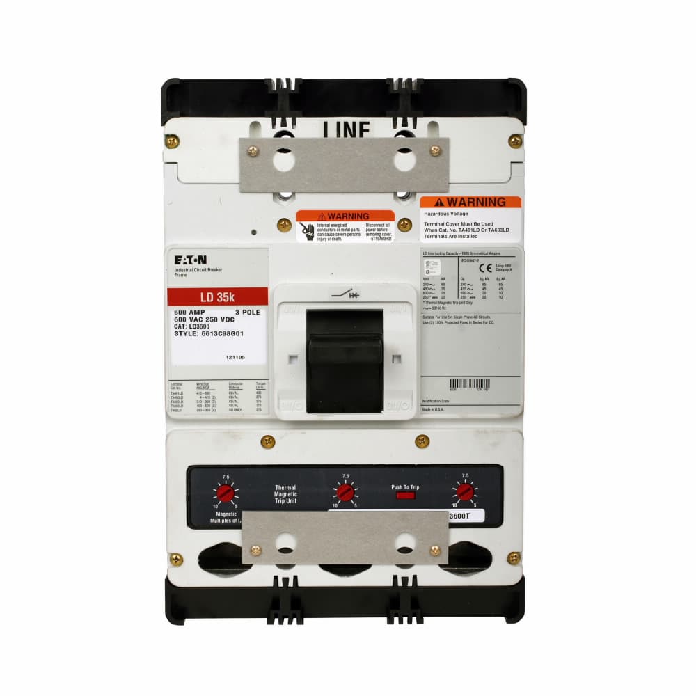 Eaton LDB3600W LDB3600W Eaton - Eaton Series C complete molded case circuit breaker, L-frame, LDB, Complete breaker, Fixed thermal, fixed magnetic trip type, Three-pole, 600A, 65 kAIC at 240 Vac, 35 kAIC at 480 Vac, Without terminals, 50/60 Hz Eaton LDB3600W LDB3600W Eaton - Eaton Series C complete molded case circuit breaker, L-frame, LDB, Complete breaker, Fixed thermal, fixed magnetic trip type, Three-pole, 600A, 65 kAIC at 240 Vac, 35 kAIC at 480 Vac, Without terminals, 50/60 Hz