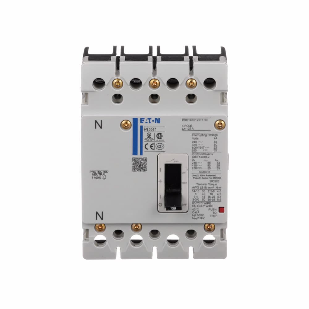 Eaton PDG14G0070TFFJ Eaton Power Defense molded case circuit breaker, Globally Rated, Frame 1, Four Pole (100% N), 70A, 35kA/480V, T-M (Fxd-Fxd) TU, Standard Line and Load (PDG1X4T125) Eaton PDG14G0070TFFJ Eaton Power Defense molded case circuit breaker, Globally Rated, Frame 1, Four Pole (100% N), 70A, 35kA/480V, T-M (Fxd-Fxd) TU, Standard Line and Load (PDG1X4T125)