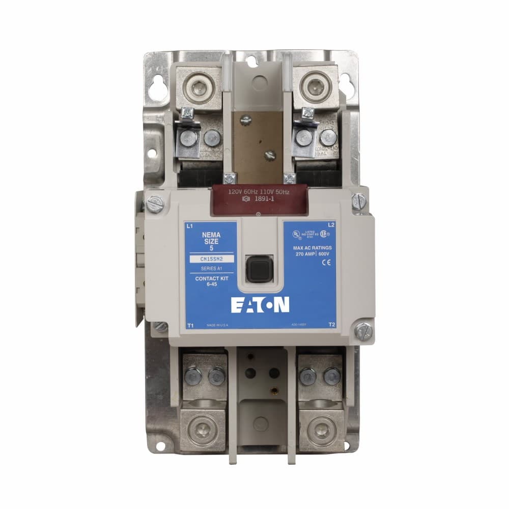 Eaton CN15SN3A CN15SN3A Eaton - Eaton Freedom NEMA motor control contactor, NEMA Freedom Series Non-Reversing contactor, 75 hp at 208V, 100 hp at 240V, 200 hp at 480,600V maximum horsepower, 120V/60 Hz or 110V/50 Hz coil voltage, 270A, Three-pole, Size 5 Eaton CN15SN3A CN15SN3A Eaton - Eaton Freedom NEMA motor control contactor, NEMA Freedom Series Non-Reversing contactor, 75 hp at 208V, 100 hp at 240V, 200 hp at 480,600V maximum horsepower, 120V/60 Hz or 110V/50 Hz coil voltage, 270A, Three-pole, Size 5