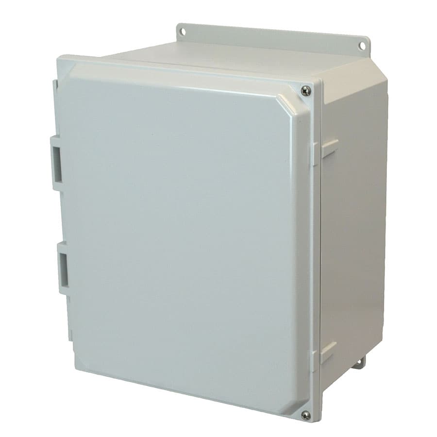 Allied Moulded Products AMP1426HF 14"x12"x6" POLYLINE® polycarbonate wall mount enclosure assembly with 2-screw hinged cover Allied Moulded Products AMP1426HF 14"x12"x6" POLYLINE® polycarbonate wall mount enclosure assembly with 2-screw hinged cover