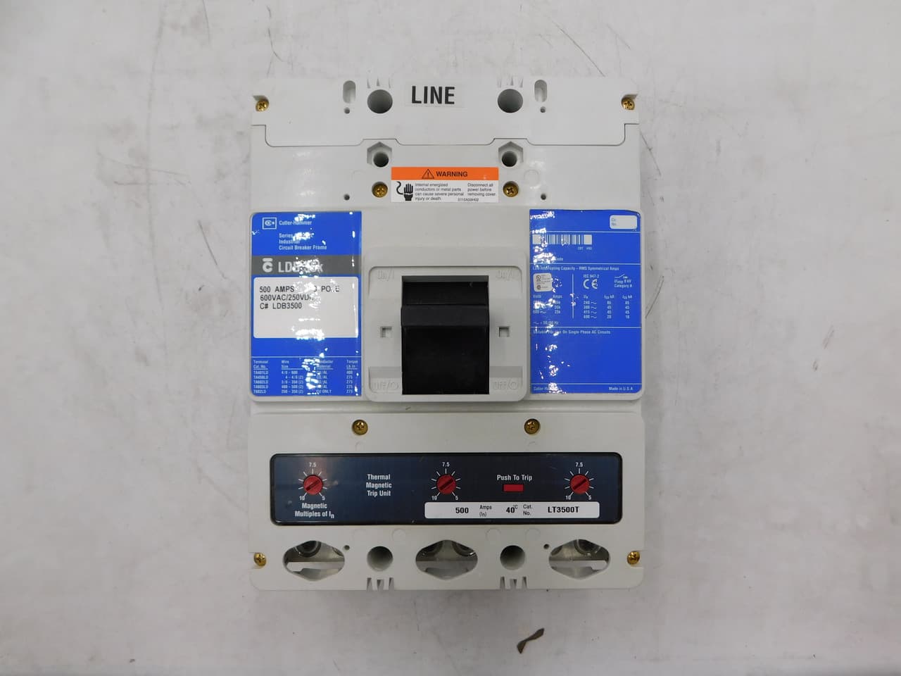 Eaton LDB3500 LDB3500 Eaton - Eaton Series C complete molded case circuit breaker, L-frame, LDB, Complete breaker, Fixed thermal, fixed magnetic trip type, Three-pole, 500A, 65 kAIC at 240 Vac, 35 kAIC at 480 Vac, Aluminum, Line and load, 50/60 Hz Eaton LDB3500 LDB3500 Eaton - Eaton Series C complete molded case circuit breaker, L-frame, LDB, Complete breaker, Fixed thermal, fixed magnetic trip type, Three-pole, 500A, 65 kAIC at 240 Vac, 35 kAIC at 480 Vac, Aluminum, Line and load, 50/60 Hz