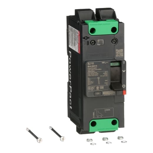 Schneider Electric BJL26015 Square D by Schneider Electric BJL26015 is a Moulded Case Circuit Breaker (MCCB) within the PowerPacT BJL sub-range, featuring a PowerPact B-Frame 100 TMD 2P 15A 600Y/347Vac 25kA design. It has a rated impulse voltage (Uimp) of 8 kV and utilizes Everlink (Creep compensating) lugs for connections on both line and load sides, offering a degree of protection of IP40. The rated current is 15A, with a rated voltage (AC) of 600Vac 600Y/347Vac. It boasts a mechanical durability of 20,000 operations at no load and can be mounted either on a DIN rail or as an individual unit on a plate. This 2-pole (2P) circuit breaker has dimensions of 137 mm in height, 80 mm in depth, and 54 mm in width. It falls under utilisation category A and features protection settings for over-current fixed at 15A, short-circuit hold current fixed at 400A, and short-circuit trip current fixed at 600A. The rated voltage (DC) is 250Vdc, with a rated insulation voltage (Ui) of 800 V and a rated operating voltage (Ue) of 690 V. Its protection functions include thermal protection for overload and magnetic protection for short-circuit, with a trip current rating of 15 AT. The electrical durability with load is rated at 10,000 operations at 440Vac; In. The frame current rating is 100 AF, and it operates via a toggle (manual) mode. The short circuit breaking rating varies, with 100kA at 240Vac, 65kA at 480Vac, 65kA at 480Y/277Vac, and 25kA at 600Y/347Vac under UL489 standards, and 50kA at 250Vdc. The trip unit type is thermal-magnetic (fixed) without a display. Schneider Electric BJL26015 Square D by Schneider Electric BJL26015 is a Moulded Case Circuit Breaker (MCCB) within the PowerPacT BJL sub-range, featuring a PowerPact B-Frame 100 TMD 2P 15A 600Y/347Vac 25kA design. It has a rated impulse voltage (Uimp) of 8 kV and utilizes Everlink (Creep compensating) lugs for connections on both line and load sides, offering a degree of protection of IP40. The rated current is 15A, with a rated voltage (AC) of 600Vac 600Y/347Vac. It boasts a mechanical durability of 20,000 operations at no load and can be mounted either on a DIN rail or as an individual unit on a plate. This 2-pole (2P) circuit breaker has dimensions of 137 mm in height, 80 mm in depth, and 54 mm in width. It falls under utilisation category A and features protection settings for over-current fixed at 15A, short-circuit hold current fixed at 400A, and short-circuit trip current fixed at 600A. The rated voltage (DC) is 250Vdc, with a rated insulation voltage (Ui) of 800 V and a rated operating voltage (Ue) of 690 V. Its protection functions include thermal protection for overload and magnetic protection for short-circuit, with a trip current rating of 15 AT. The electrical durability with load is rated at 10,000 operations at 440Vac; In. The frame current rating is 100 AF, and it operates via a toggle (manual) mode. The short circuit breaking rating varies, with 100kA at 240Vac, 65kA at 480Vac, 65kA at 480Y/277Vac, and 25kA at 600Y/347Vac under UL489 standards, and 50kA at 250Vdc. The trip unit type is thermal-magnetic (fixed) without a display.