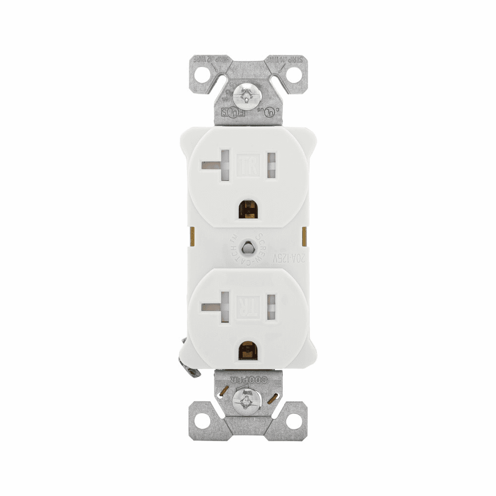 Eaton TR5362W TR5362W Eaton - Eaton Arrow Hart heavy-duty industrial specification grade duplex receptacle,#14-10 AWG,20A,Industrial,Flush,125V,Back and side,White,Brass,Impact-resistant thermoplastic face,PVC body,5-20R,Duplex,Screw,Thermoplastic,Core pack Eaton TR5362W TR5362W Eaton - Eaton Arrow Hart heavy-duty industrial specification grade duplex receptacle,#14-10 AWG,20A,Industrial,Flush,125V,Back and side,White,Brass,Impact-resistant thermoplastic face,PVC body,5-20R,Duplex,Screw,Thermoplastic,Core pack