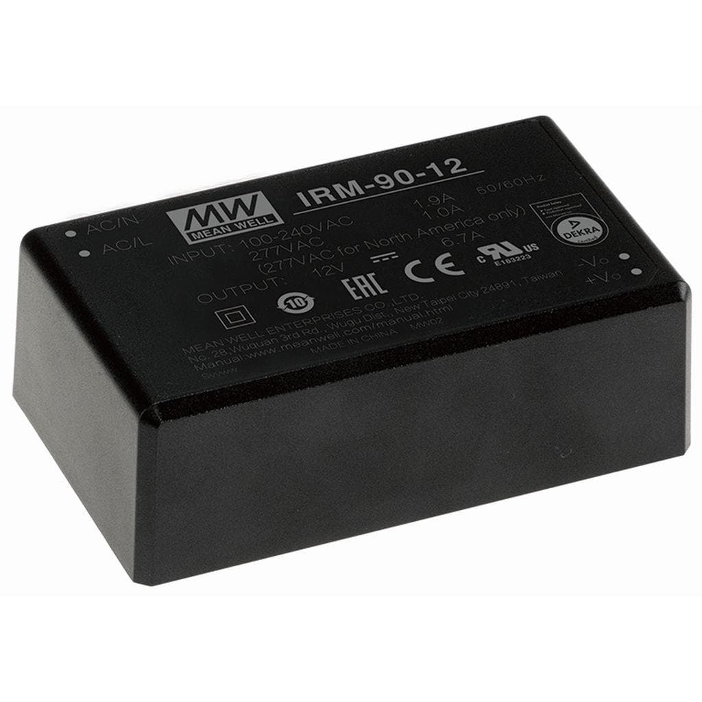 MEAN WELL IRM-90-12 AC-DC Single output Encapsulated power supply; Output 12Vdc at 7.37A; PCB mount style; miniature size MEAN WELL IRM-90-12 AC-DC Single output Encapsulated power supply; Output 12Vdc at 7.37A; PCB mount style; miniature size