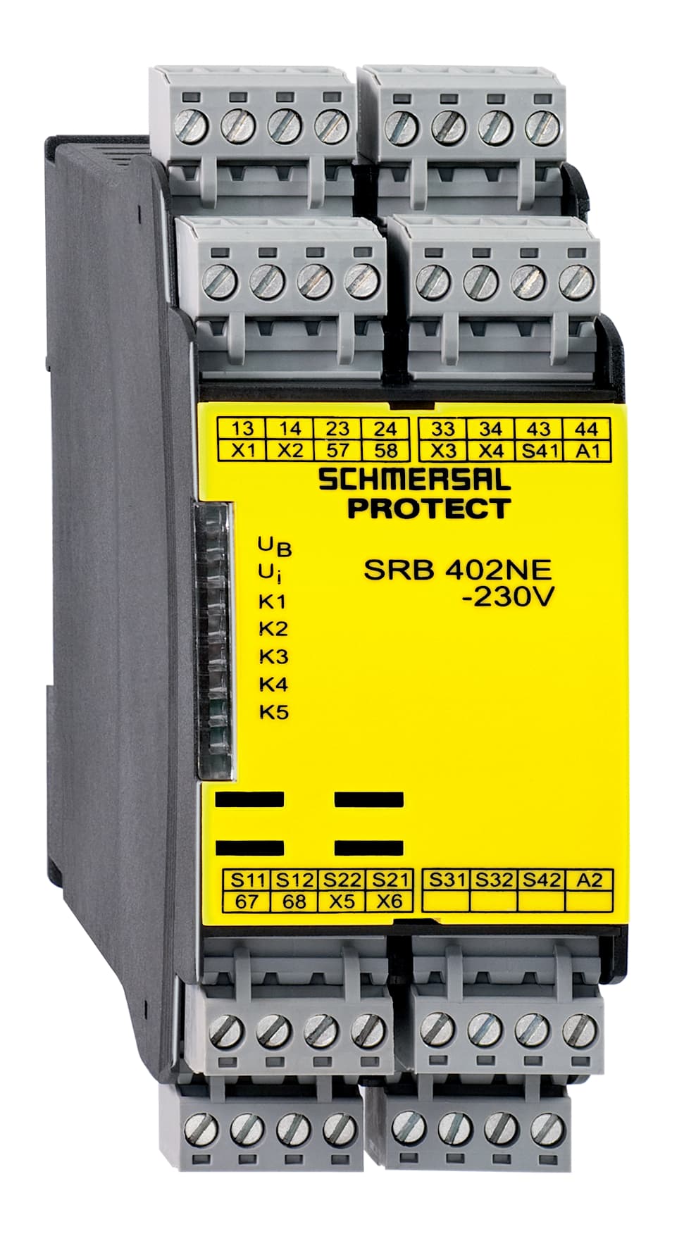 Schmersal SRB402NE 24V Safety-monitoring modules; Combination (double evaluation); Suitable for the signal processing of outputs with contact sensors; Possibility to connect a non-contact end switch or speed reduction switch; 2 safety contacts, switch-off level 1;2 safety conta Schmersal SRB402NE 24V Safety-monitoring modules; Combination (double evaluation); Suitable for the signal processing of outputs with contact sensors; Possibility to connect a non-contact end switch or speed reduction switch; 2 safety contacts, switch-off level 1;2 safety conta