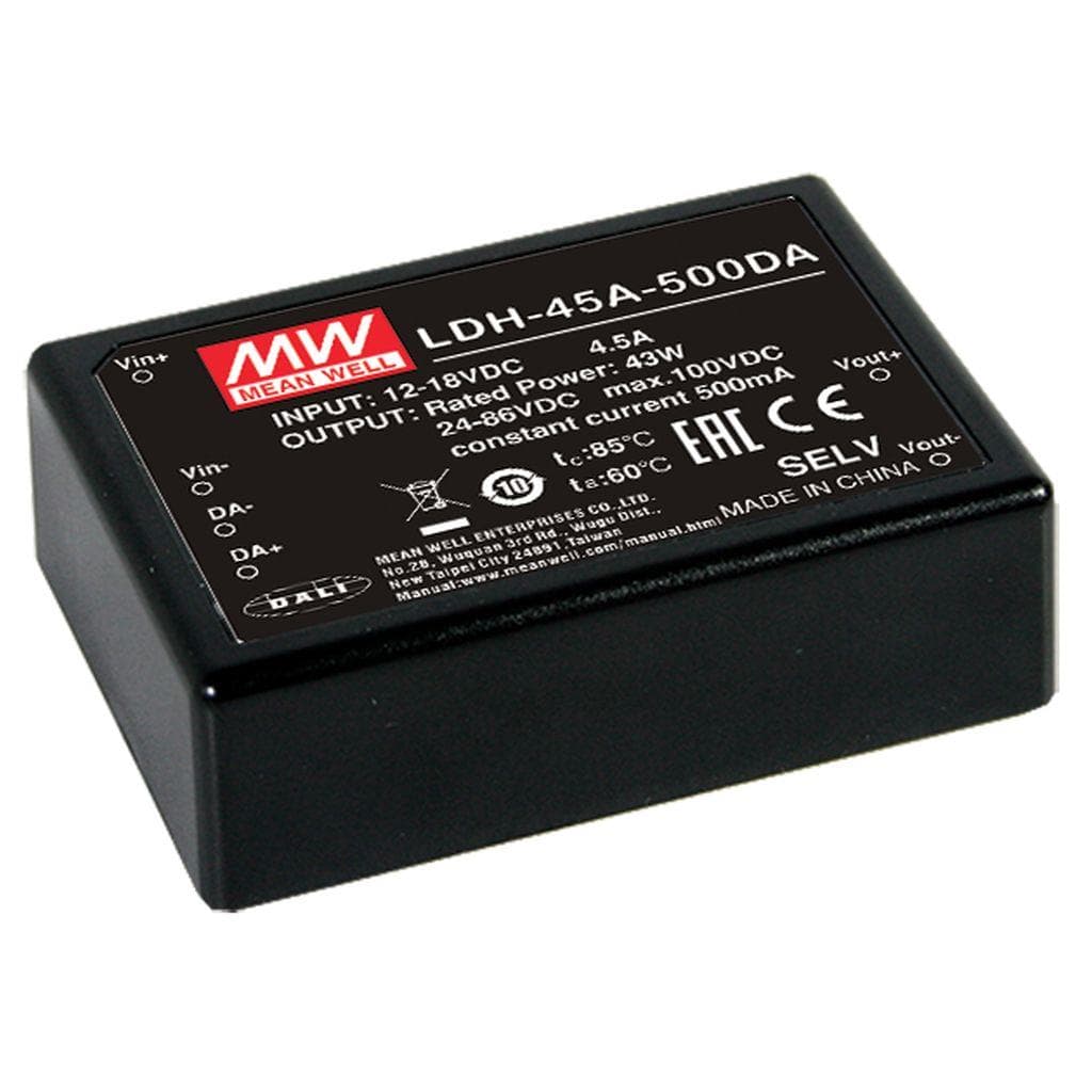 MEAN WELL LDH-45A-700WDA DC-DC Step up LED driver Constant Current (CC); Input 9-18Vdc; Output 0.7A at 12-64Vdc; Wired input-output; DALI dimming; Remote ON/OFF MEAN WELL LDH-45A-700WDA DC-DC Step up LED driver Constant Current (CC); Input 9-18Vdc; Output 0.7A at 12-64Vdc; Wired input-output; DALI dimming; Remote ON/OFF