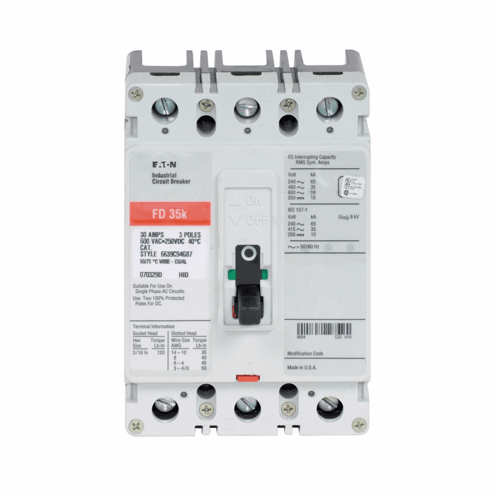 Eaton FD3150KW FD3150KW Eaton - Eaton Series C molded case switch, F-frame, FD, Molded case switch, Fixed thermal, fixed magnetic trip type, Three-pole, 150A, 600 Vac, 250 Vdc, 65 kAIC at 240 Vac, 35 kAIC at 480 Vac, Without terminals, 50/60 Hz Eaton FD3150KW FD3150KW Eaton - Eaton Series C molded case switch, F-frame, FD, Molded case switch, Fixed thermal, fixed magnetic trip type, Three-pole, 150A, 600 Vac, 250 Vdc, 65 kAIC at 240 Vac, 35 kAIC at 480 Vac, Without terminals, 50/60 Hz