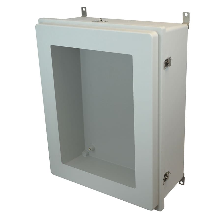 Allied Moulded Products AM30248RTW 30"x24"x8" Control Series fiberglass wall mount enclosure assembly with raised hinged window cover and stainless-steel twist latches Allied Moulded Products AM30248RTW 30"x24"x8" Control Series fiberglass wall mount enclosure assembly with raised hinged window cover and stainless-steel twist latches