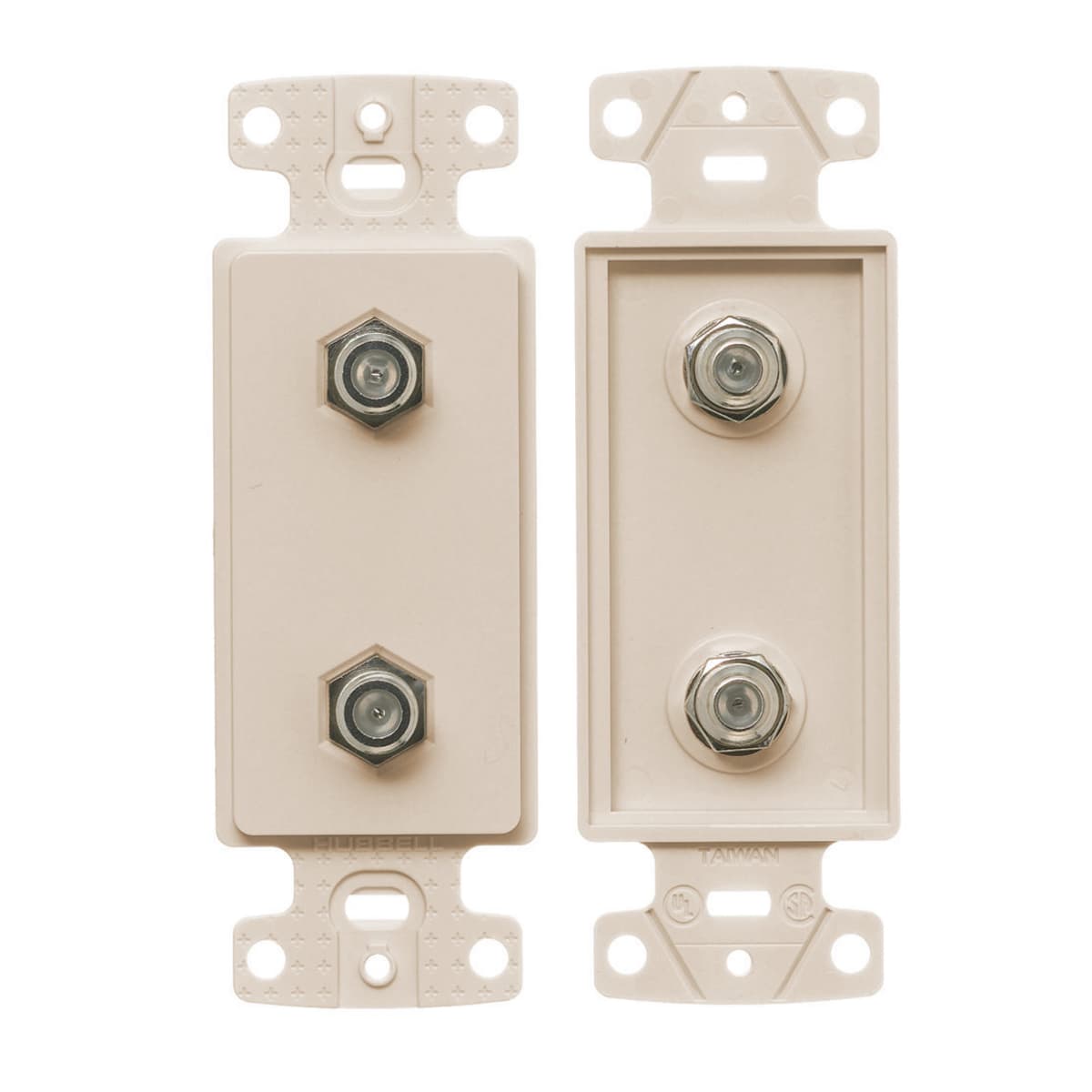 Hubbell NS782LA Decorator Plate Frame with 2) Coax F- Connectors, Light Almond  ; Meets FCC part 68 ; High impact-resistant thermoplastic frame ; Standard Product Hubbell NS782LA Decorator Plate Frame with 2) Coax F- Connectors, Light Almond  ; Meets FCC part 68 ; High impact-resistant thermoplastic frame ; Standard Product